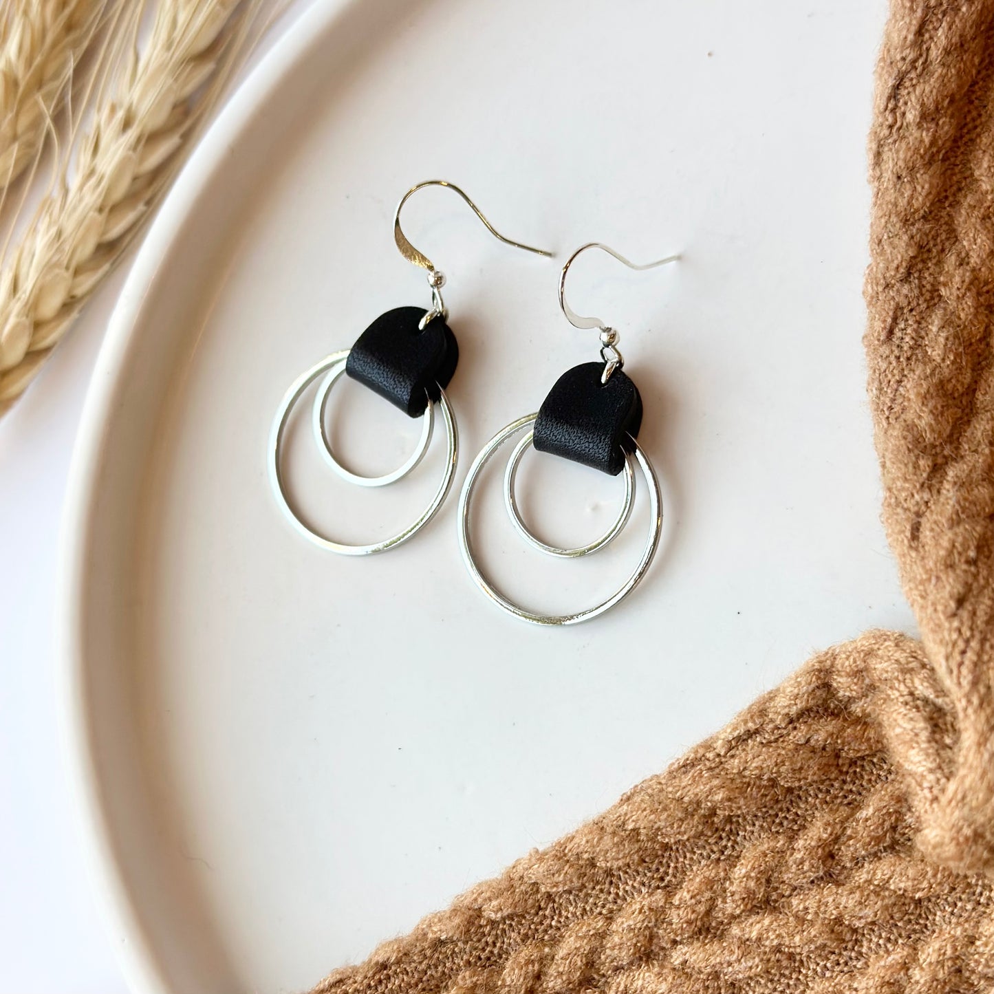 Black Leather + Double Rhodium Hoop Earrings - Medium