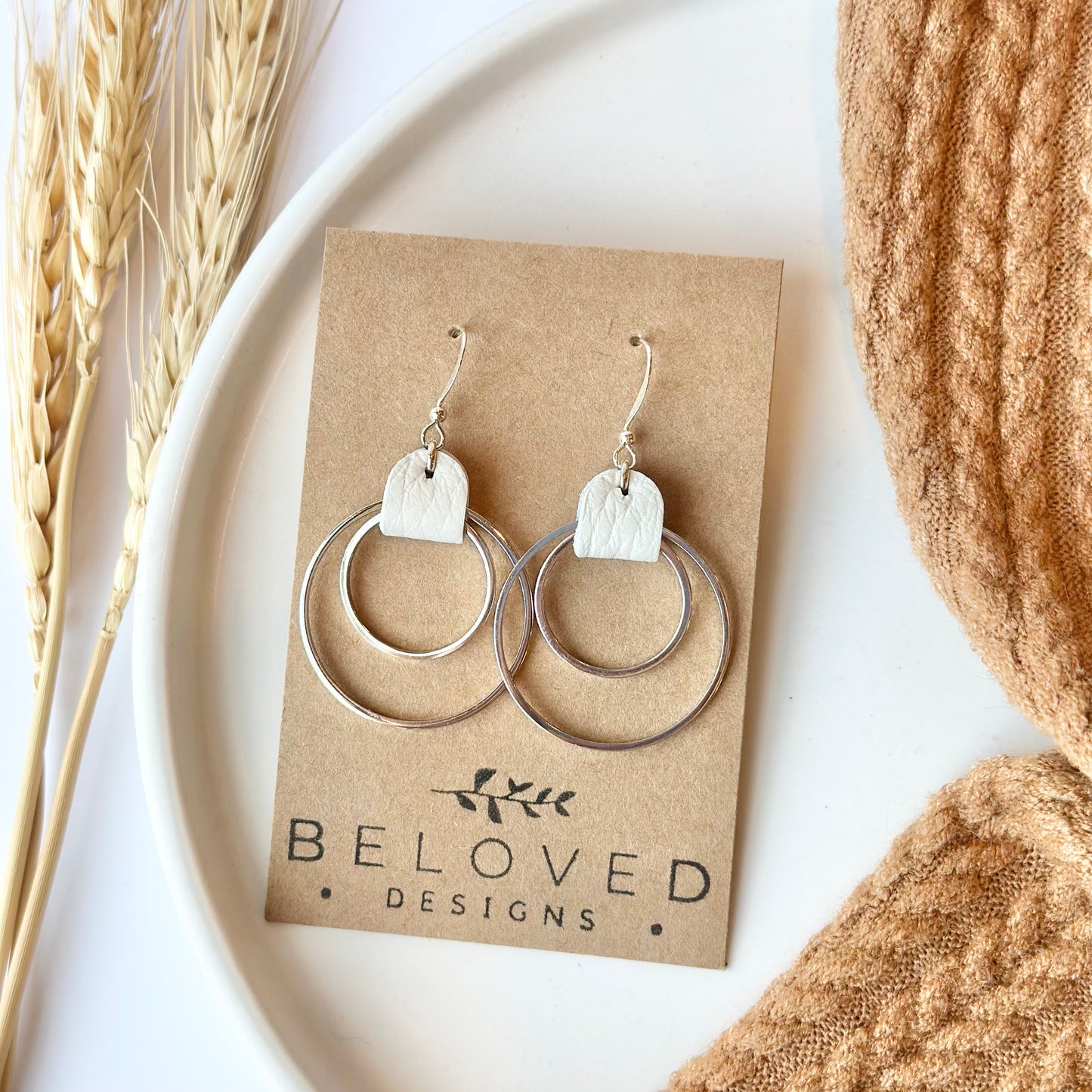 Cream Leather + Double Rhodium Hoop Earrings - Large