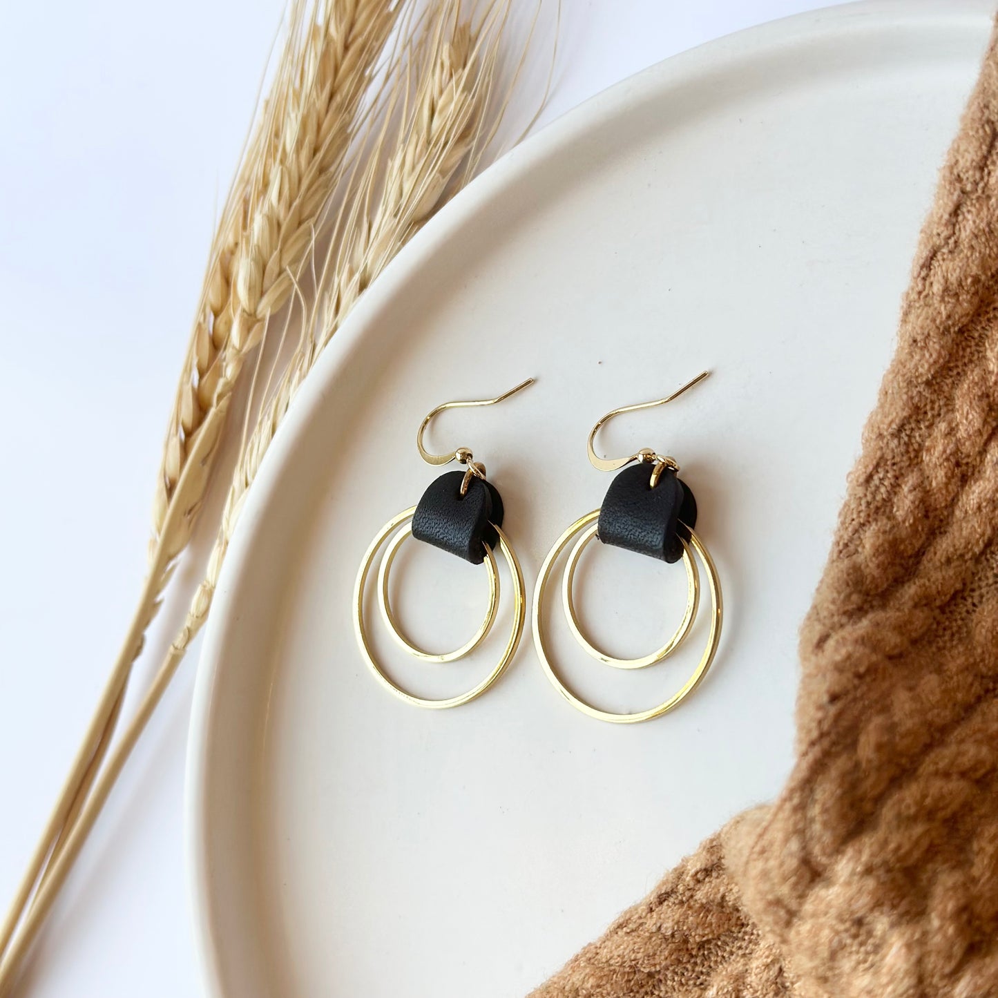 Black Leather + Double Gold Hoop Earrings - Large