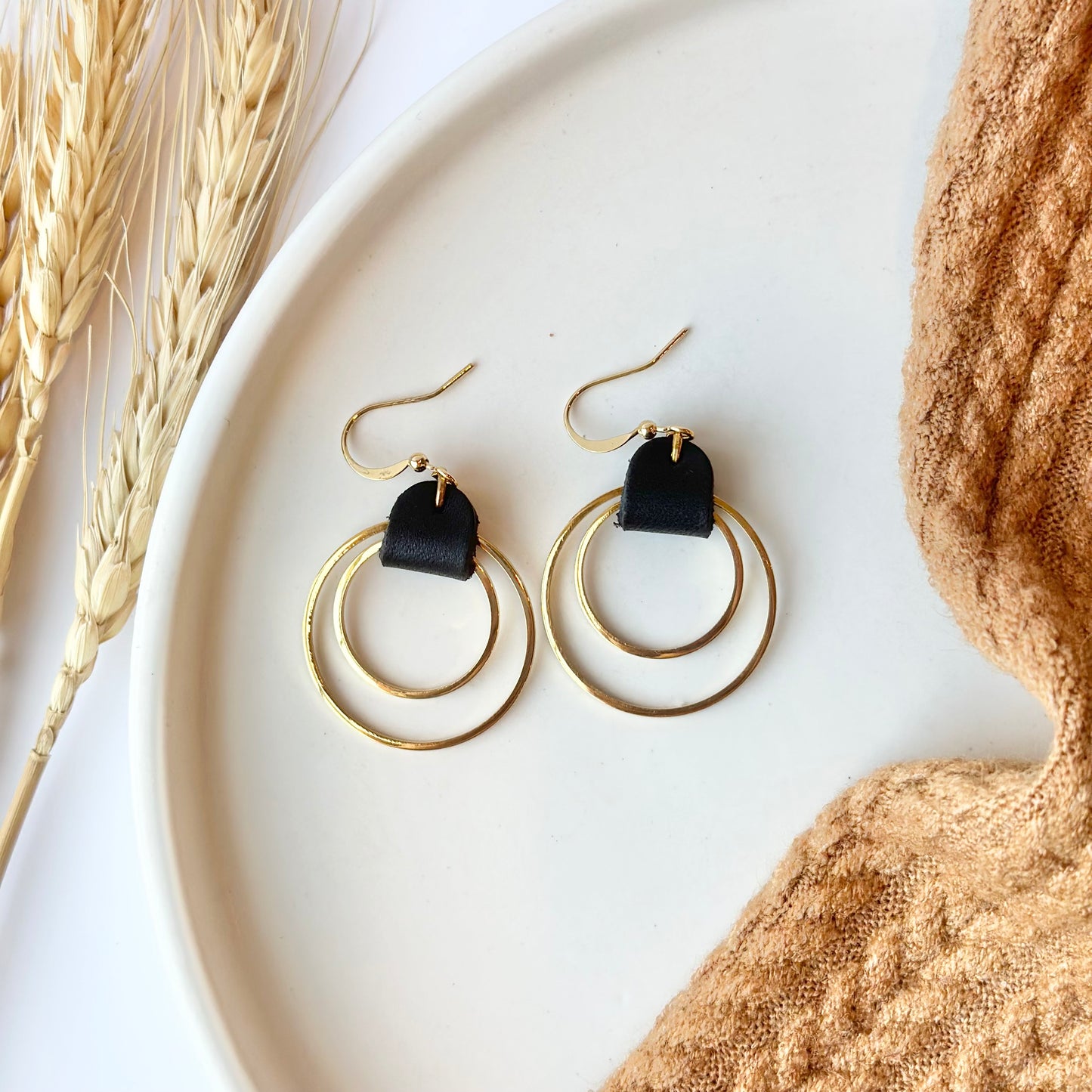 Black Leather + Double Gold Hoop Earrings - Large