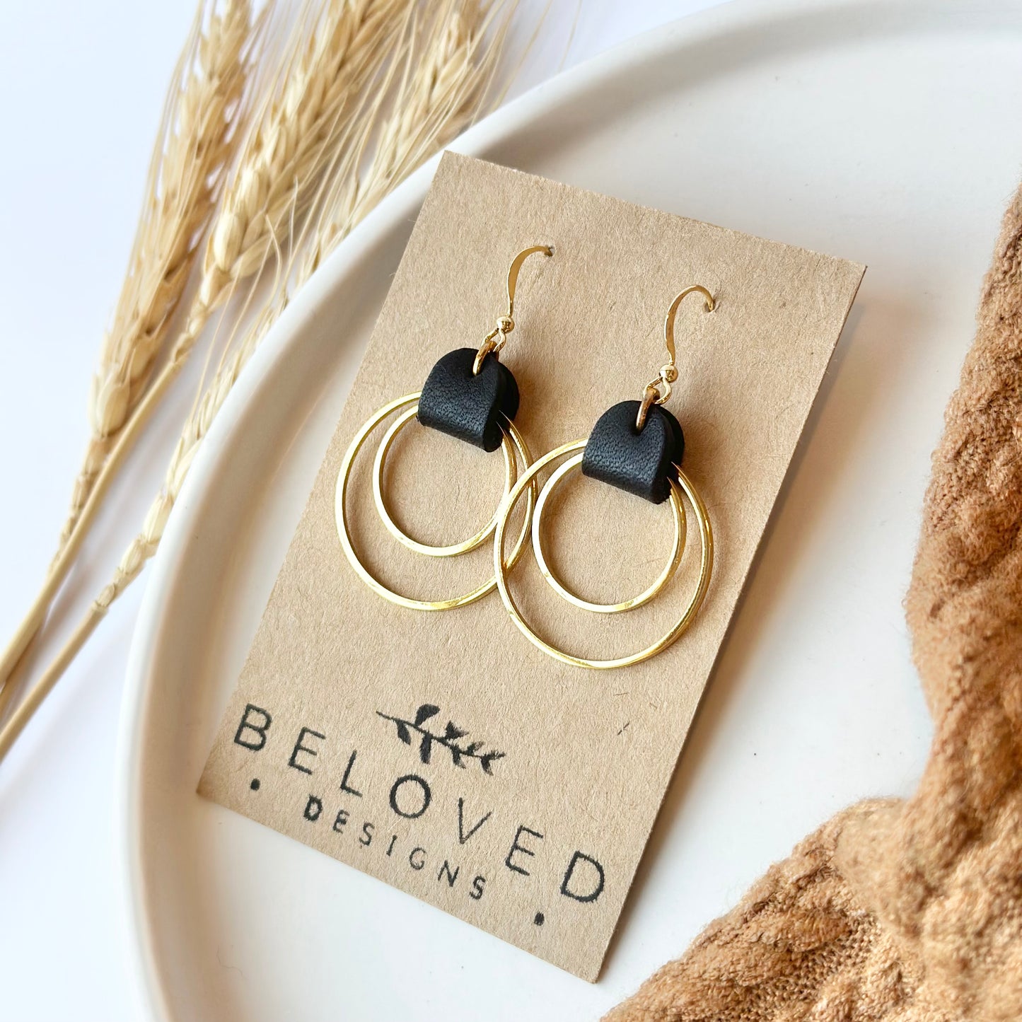 Black Leather + Double Gold Hoop Earrings - Large