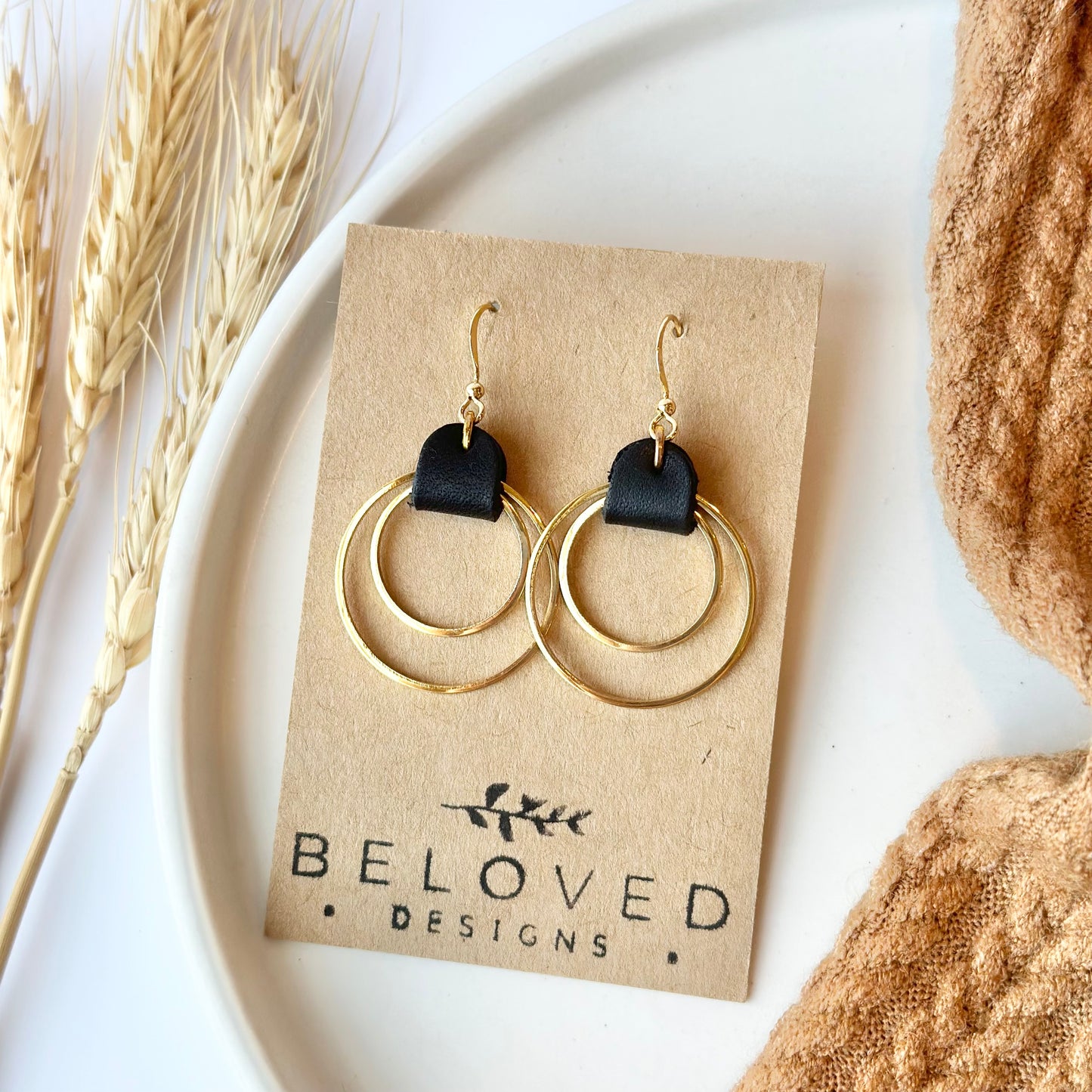 Black Leather + Double Gold Hoop Earrings - Large