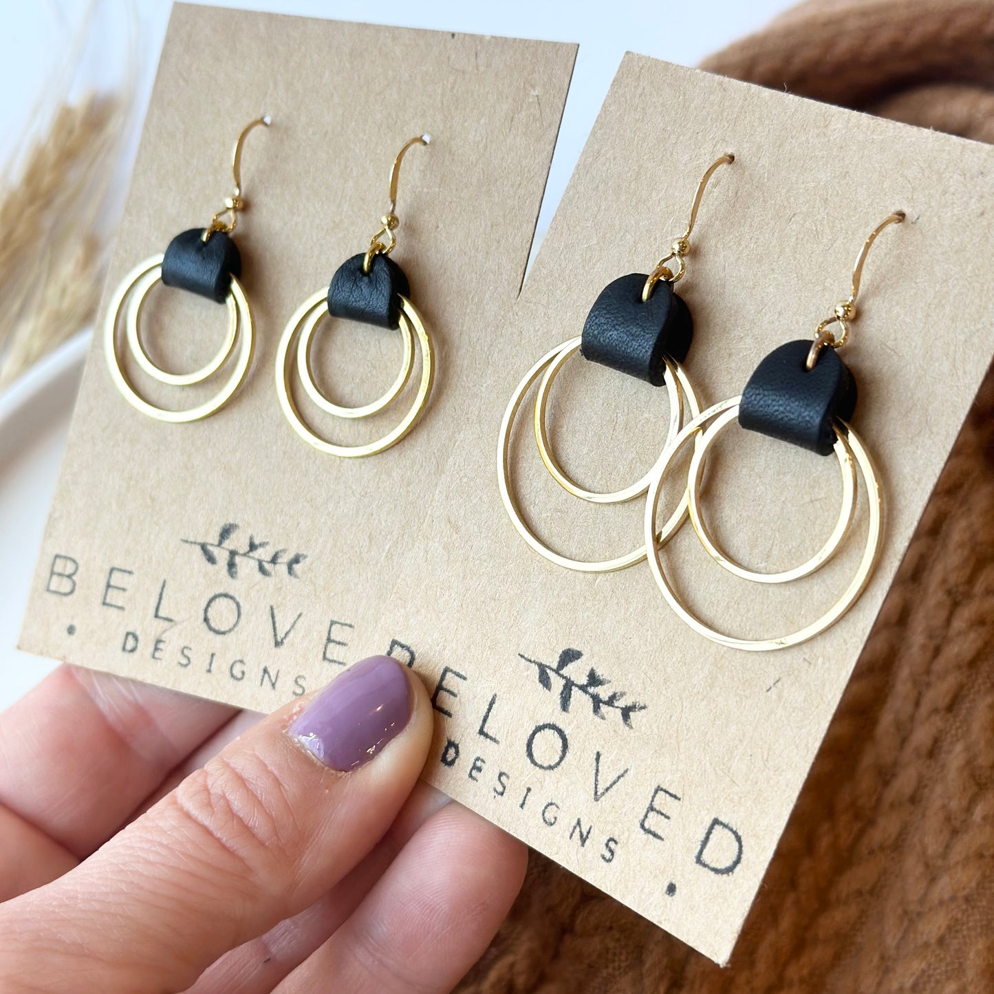 Black Leather + Double Gold Hoop Earrings - Large