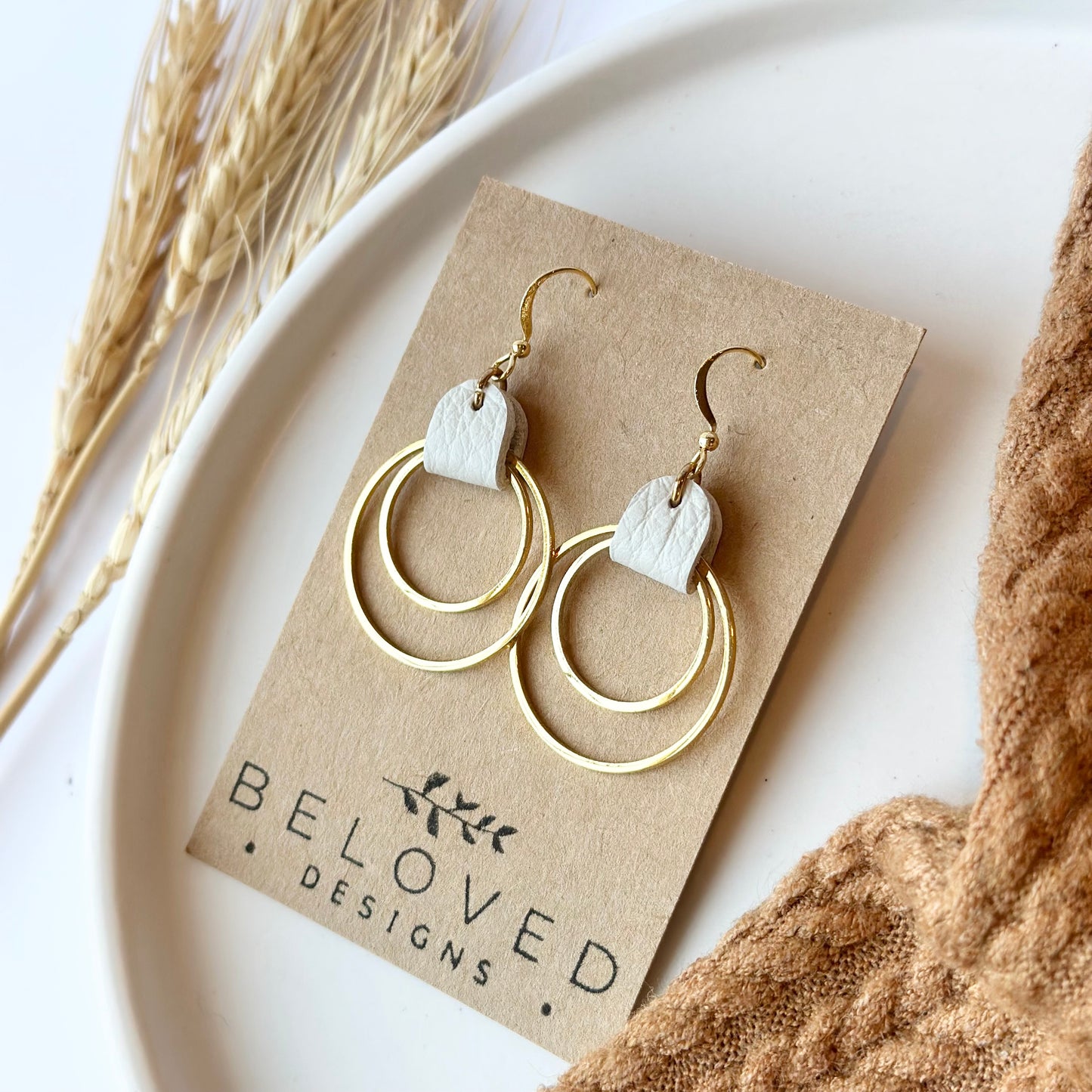 Cream Leather + Double Gold Hoop Earrings - Large