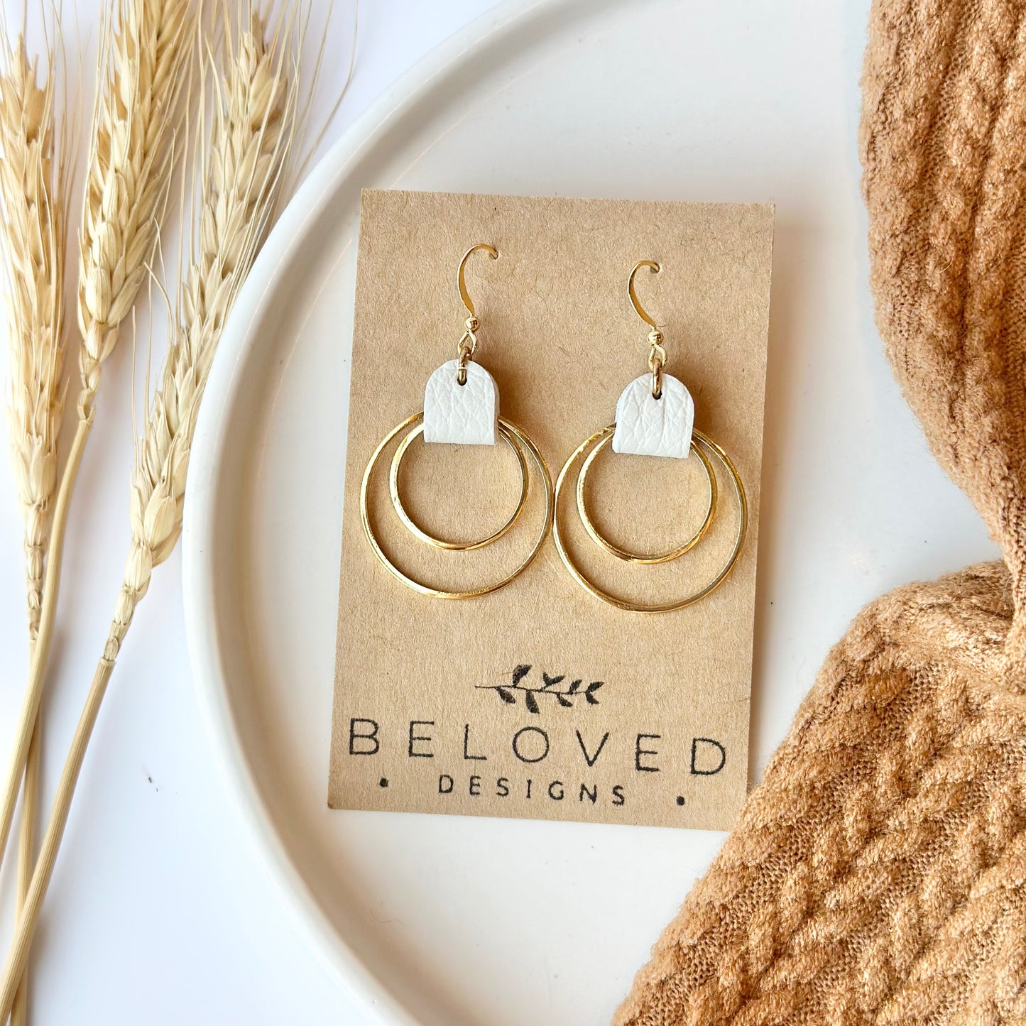 Cream Leather + Double Gold Hoop Earrings - Large