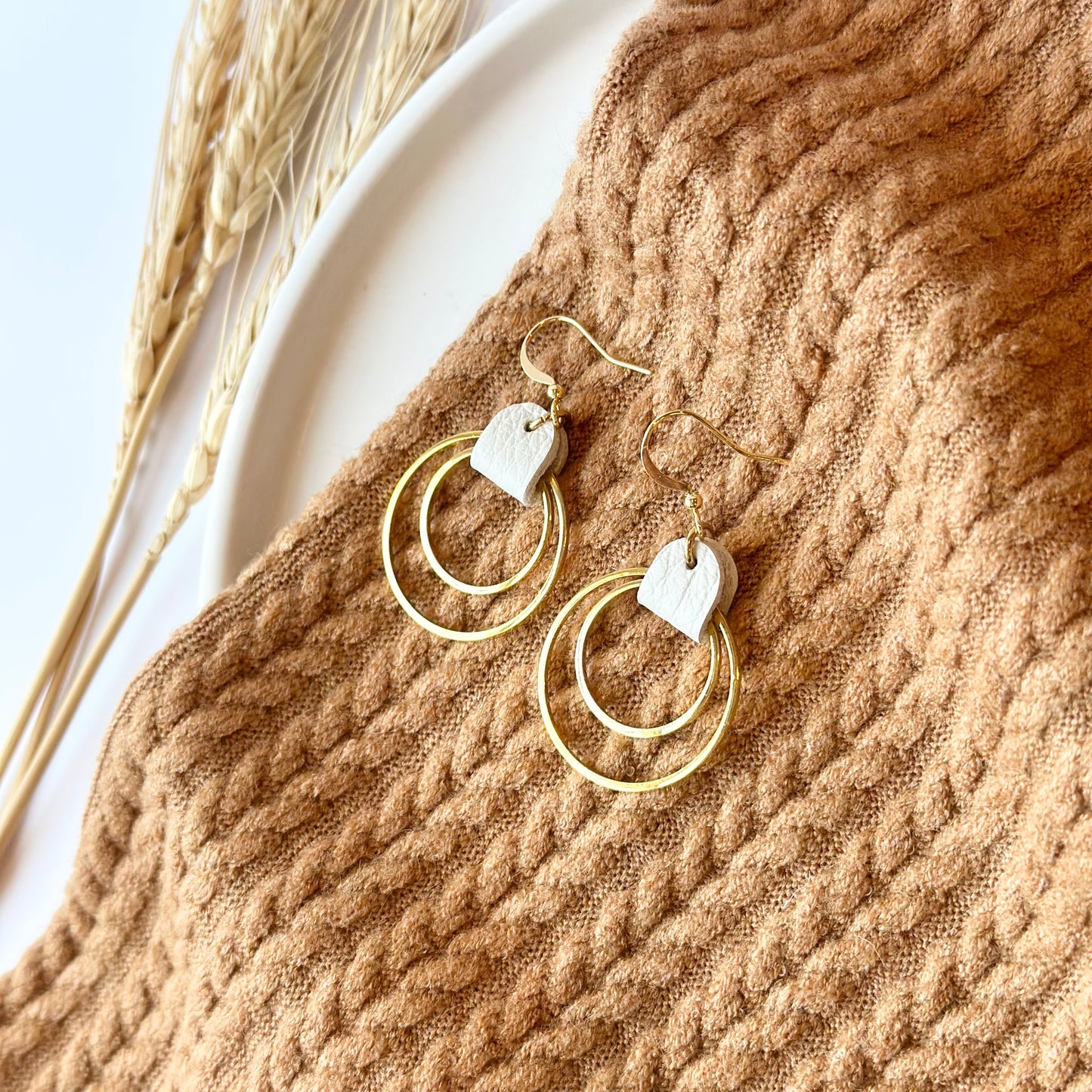 Cream Leather + Double Gold Hoop Earrings - Large