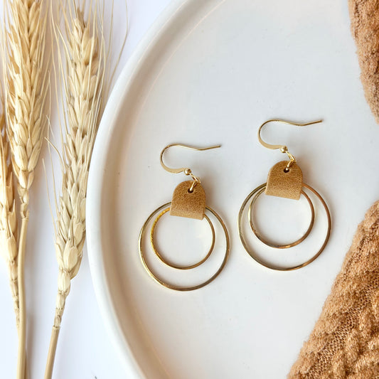 Camel Leather + Double Gold Hoop Earrings - Large