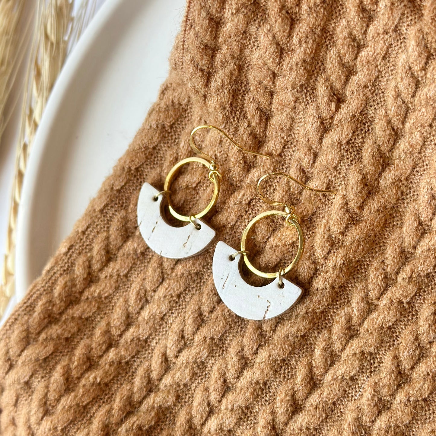 White Cork Leather Crescent + Hoop Earrings