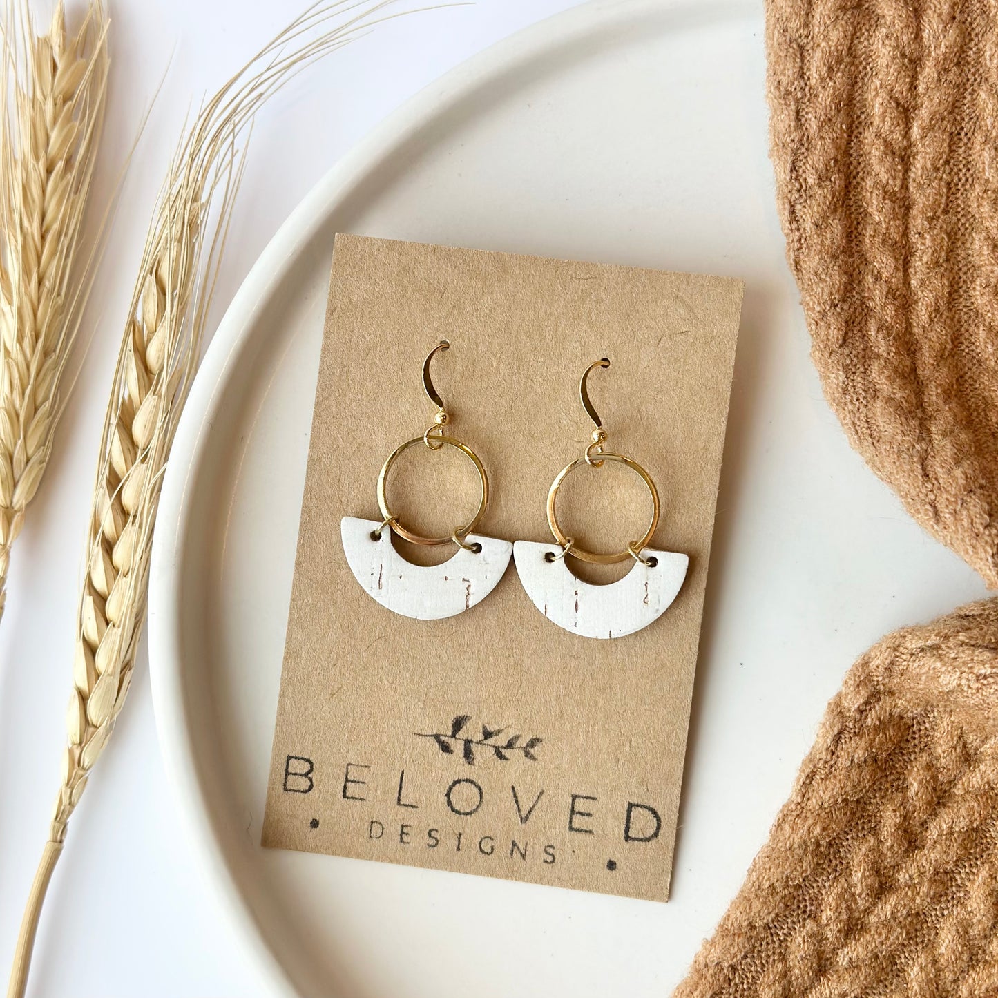 White Cork Leather Crescent + Hoop Earrings