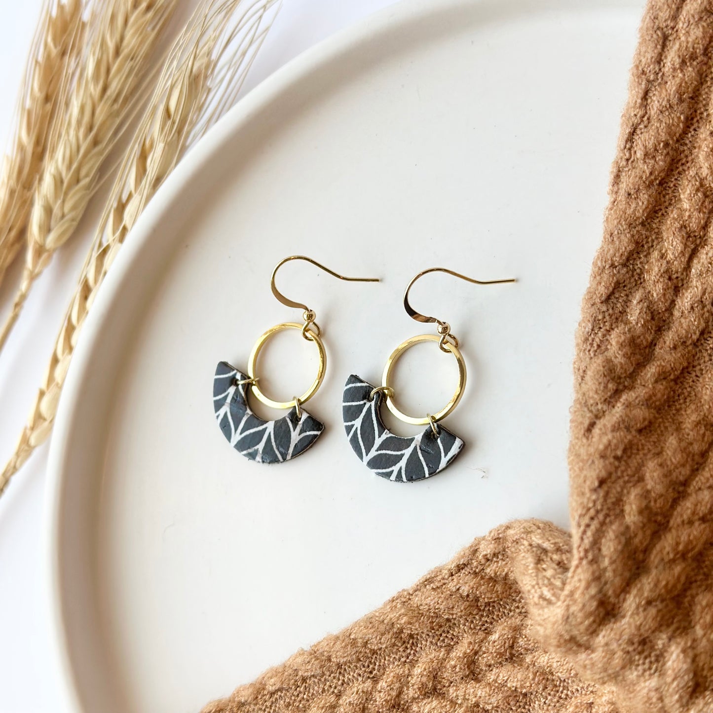 Black and White Chevron Cork Leather Crescent + Hoop Earrings