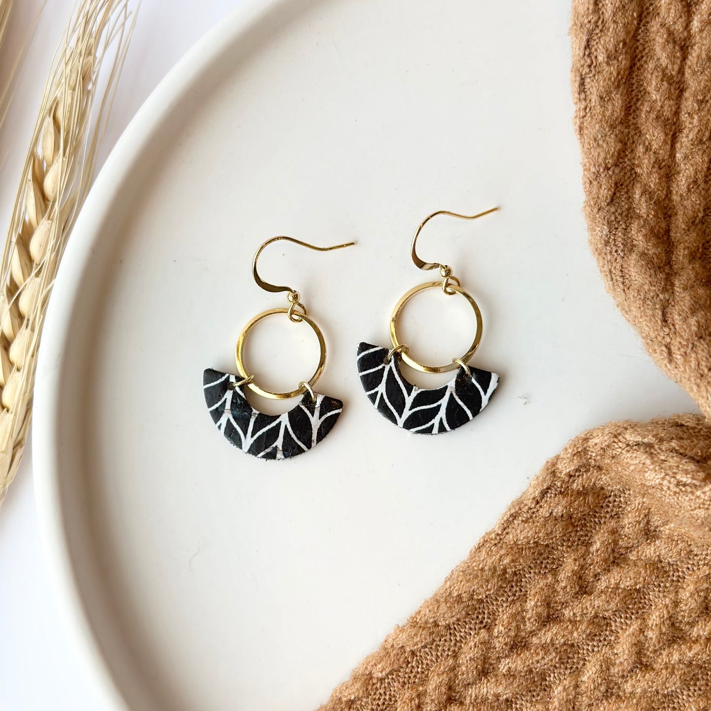 Black and White Chevron Cork Leather Crescent + Hoop Earrings