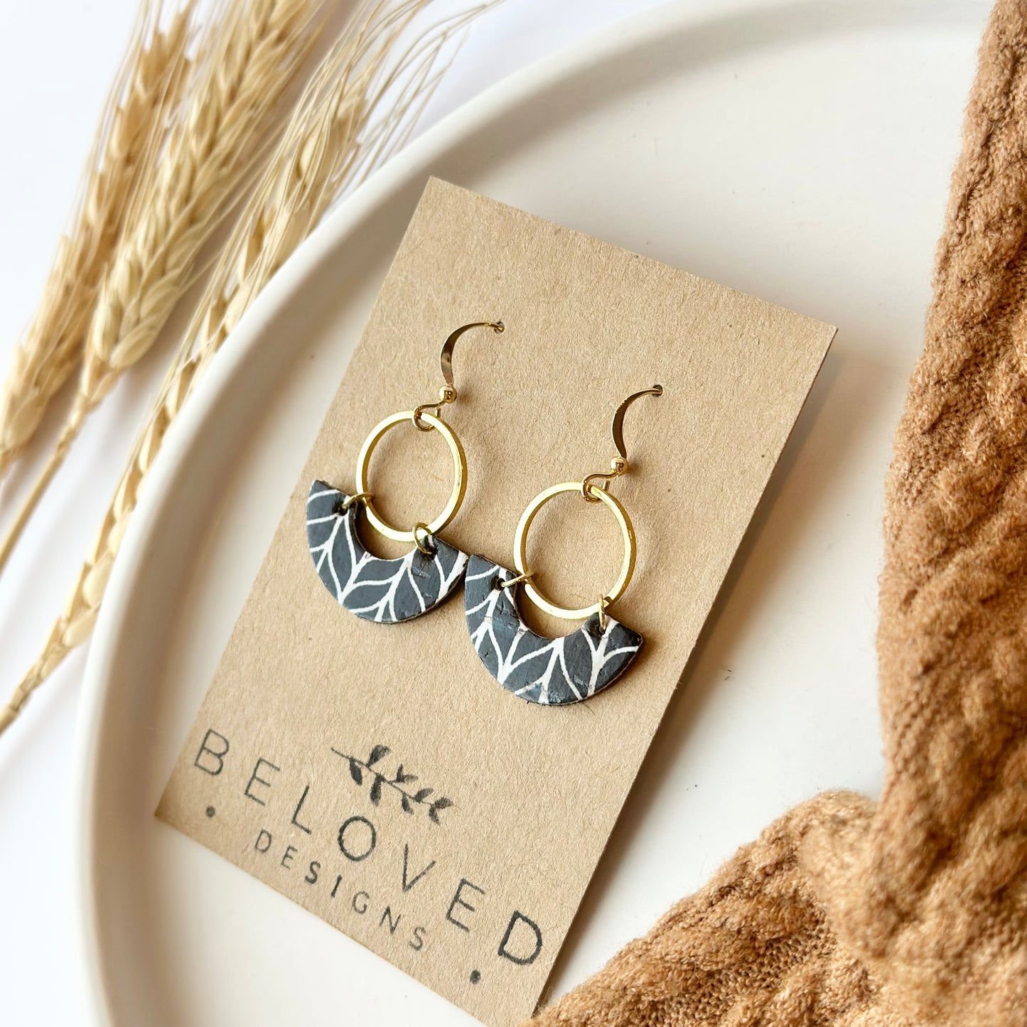 Black and White Chevron Cork Leather Crescent + Hoop Earrings