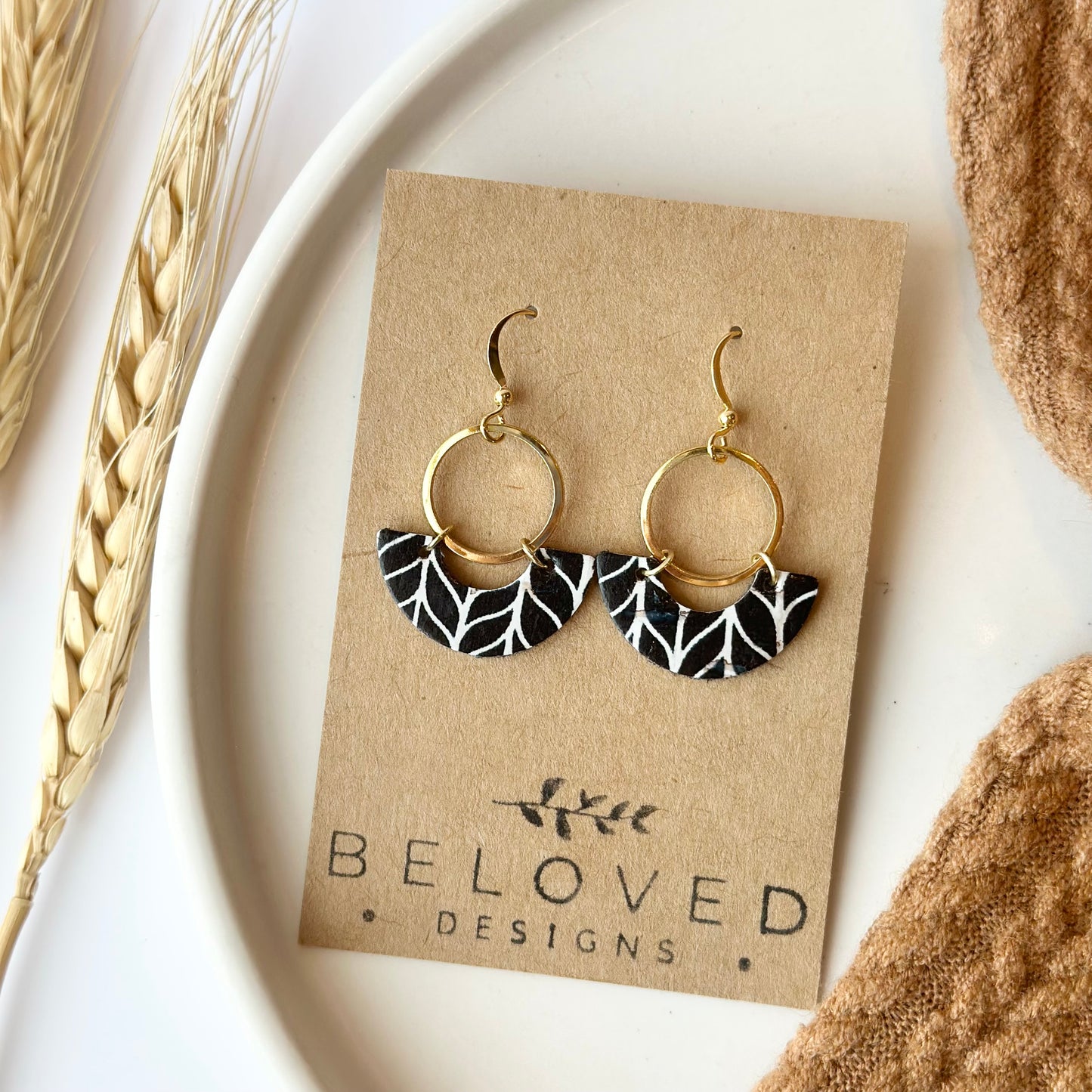 Black and White Chevron Cork Leather Crescent + Hoop Earrings