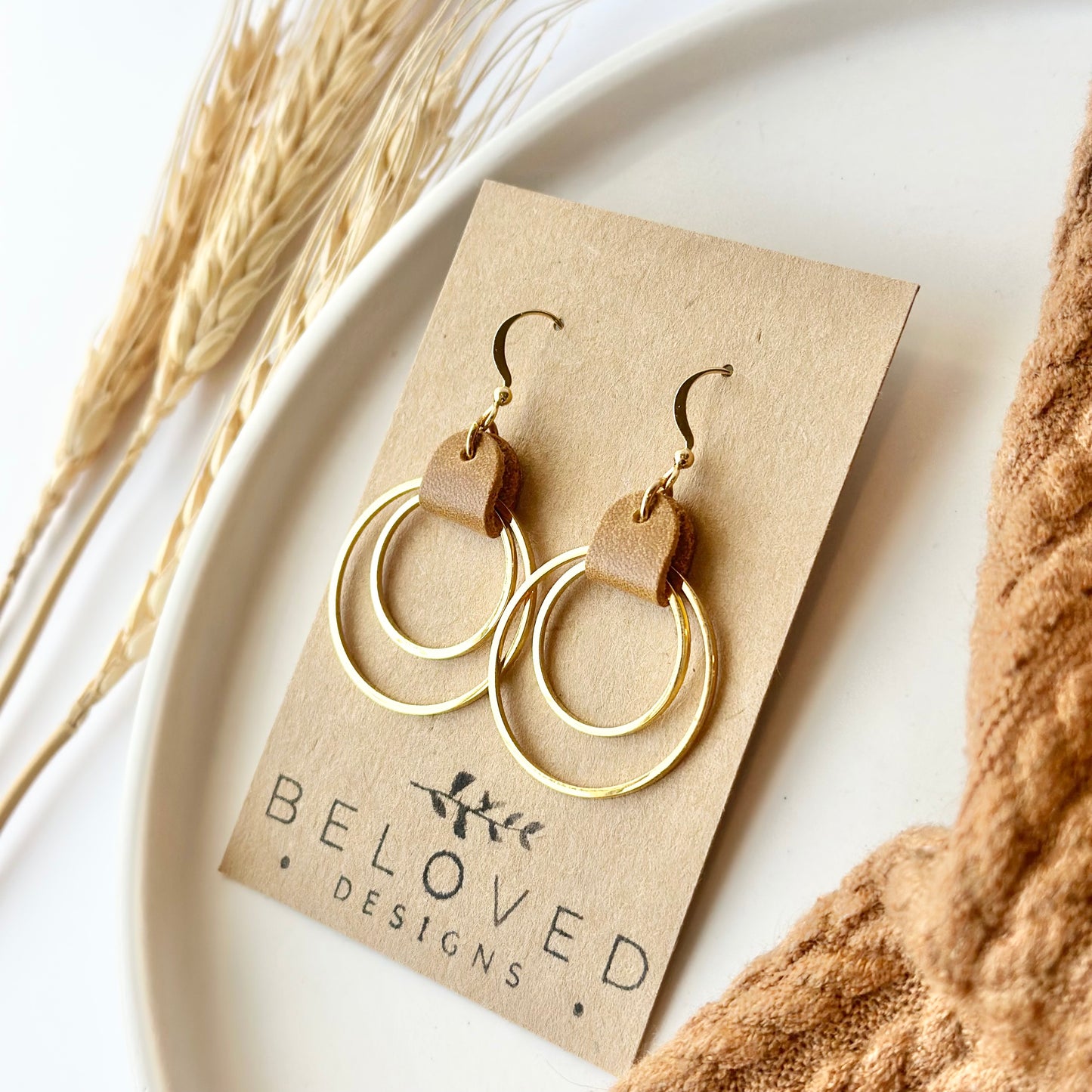 Camel Leather + Double Gold Hoop Earrings - Large