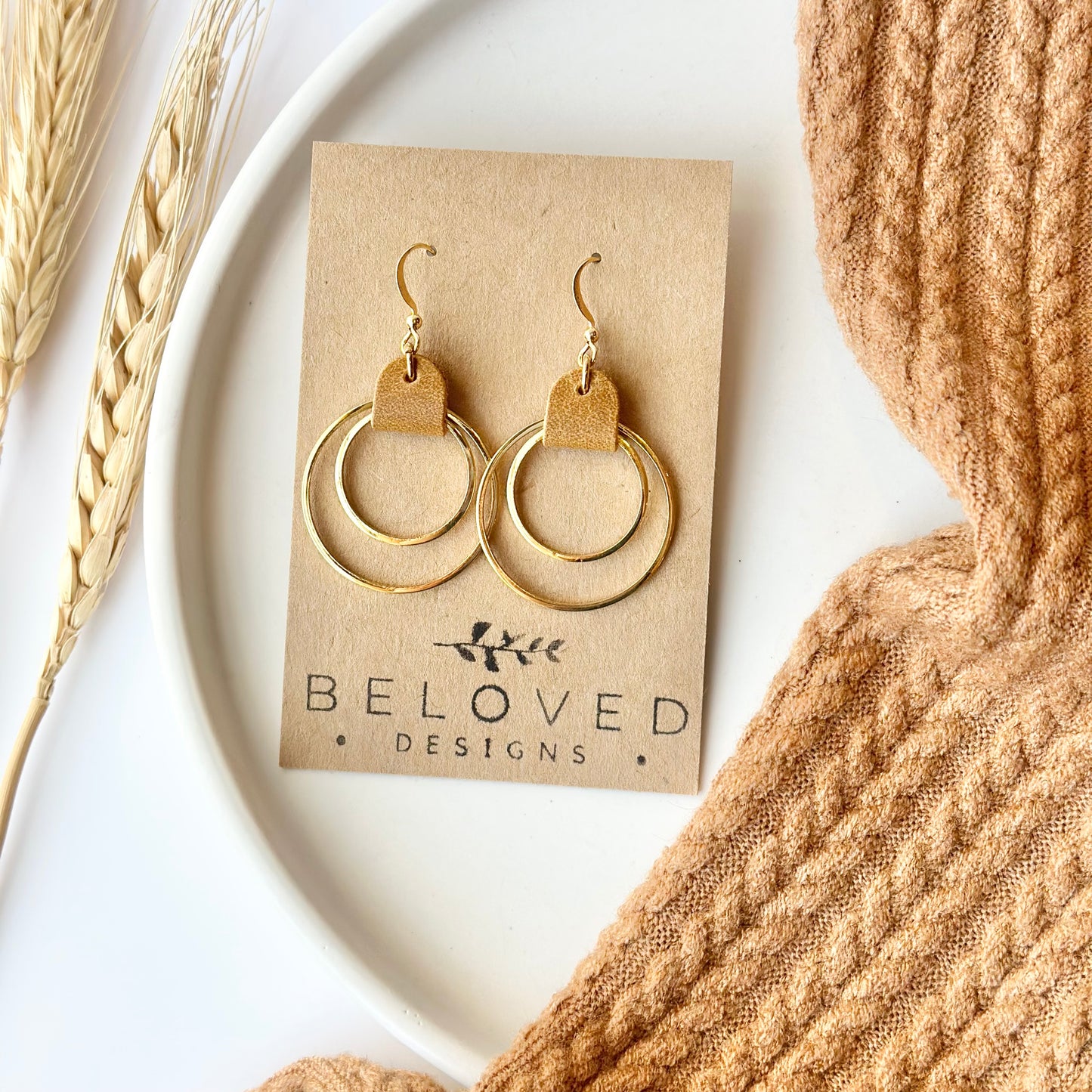 Camel Leather + Double Gold Hoop Earrings - Large