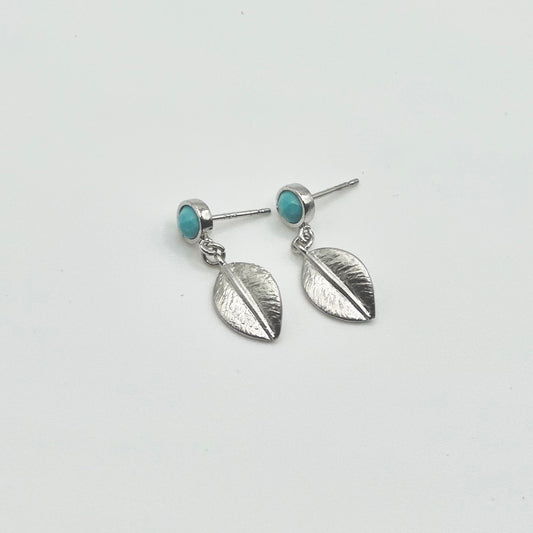 Turquoise Howlite Stud + Leaf Earrings | Small Rhodium