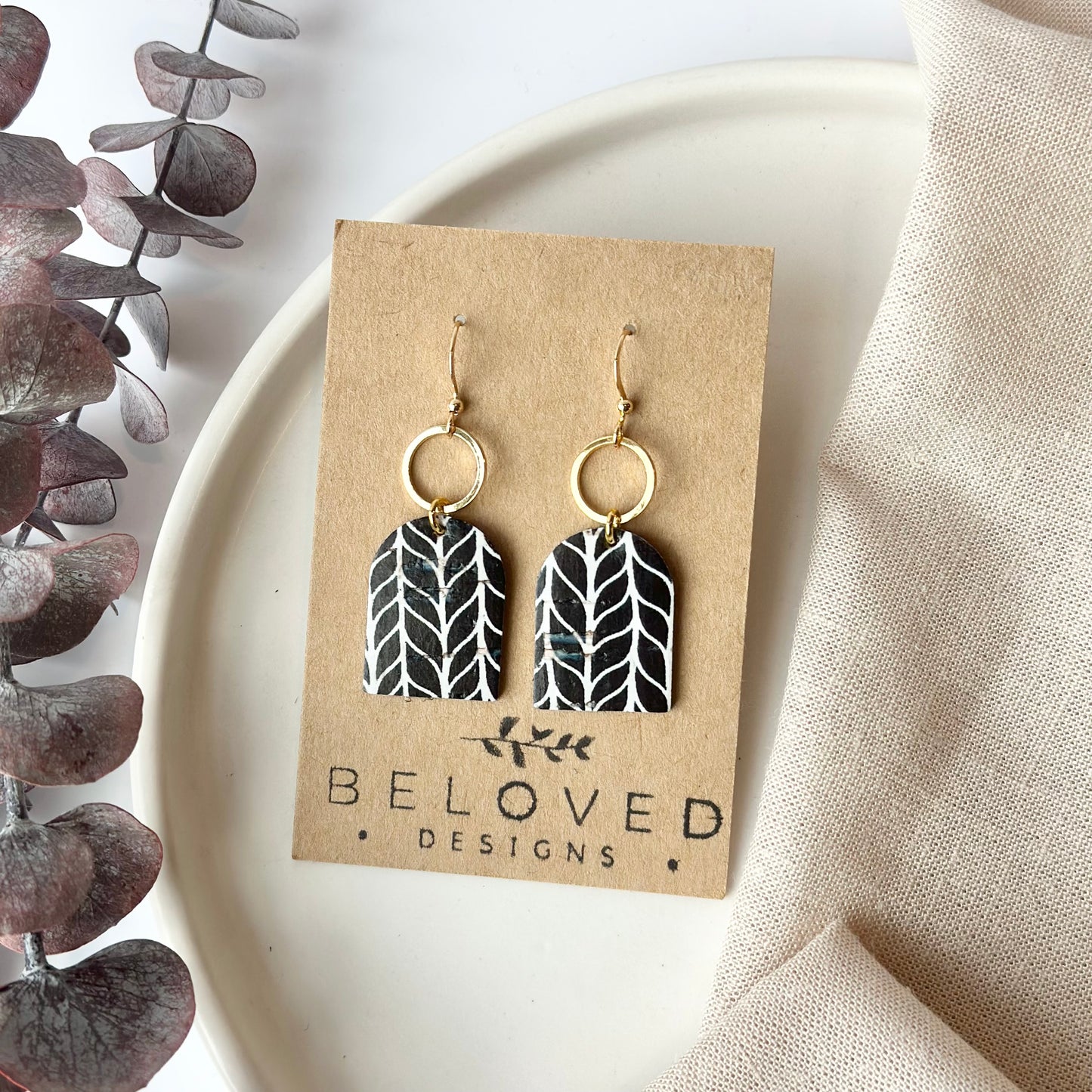 Black and White Chevron Cork Leather Arch+ Hoop Earrings