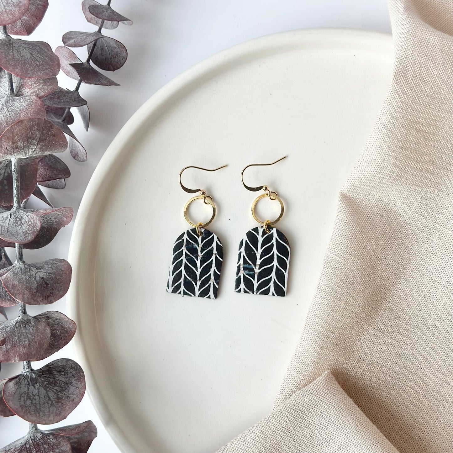 Black and White Chevron Cork Leather Arch+ Hoop Earrings