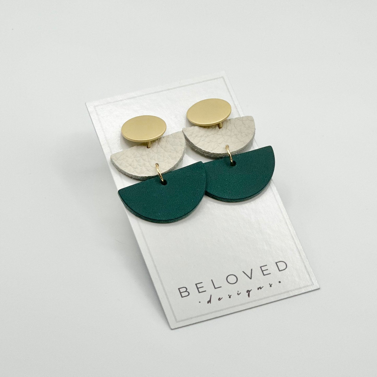 Leather Double Half Circle + Gold Stud | Teal + Cream