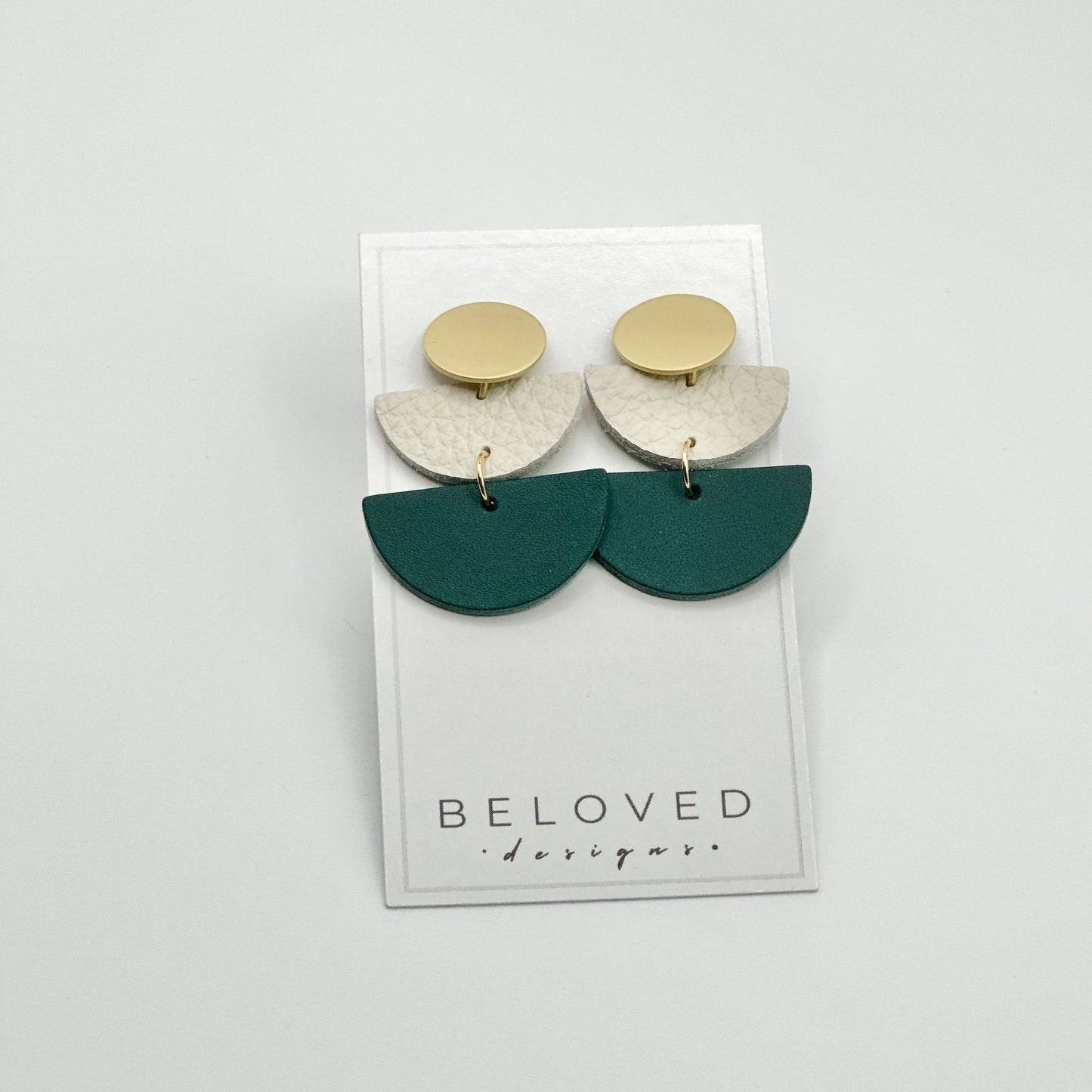 Leather Double Half Circle + Gold Stud | Teal + Cream