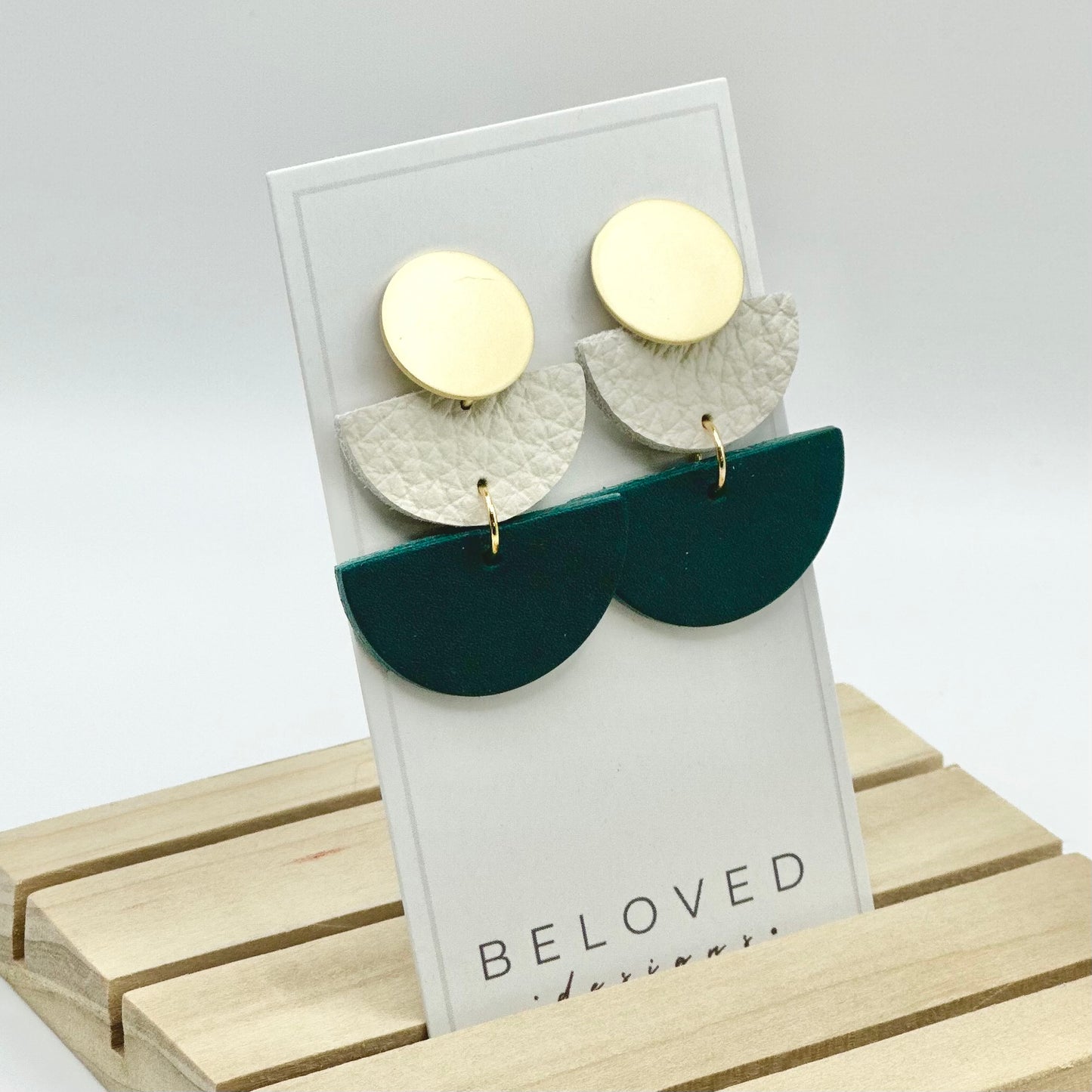 Leather Double Half Circle + Gold Stud | Teal + Cream