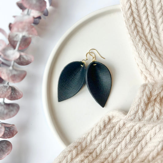 Black Textured Leather Folded Leaf Earrings - Large