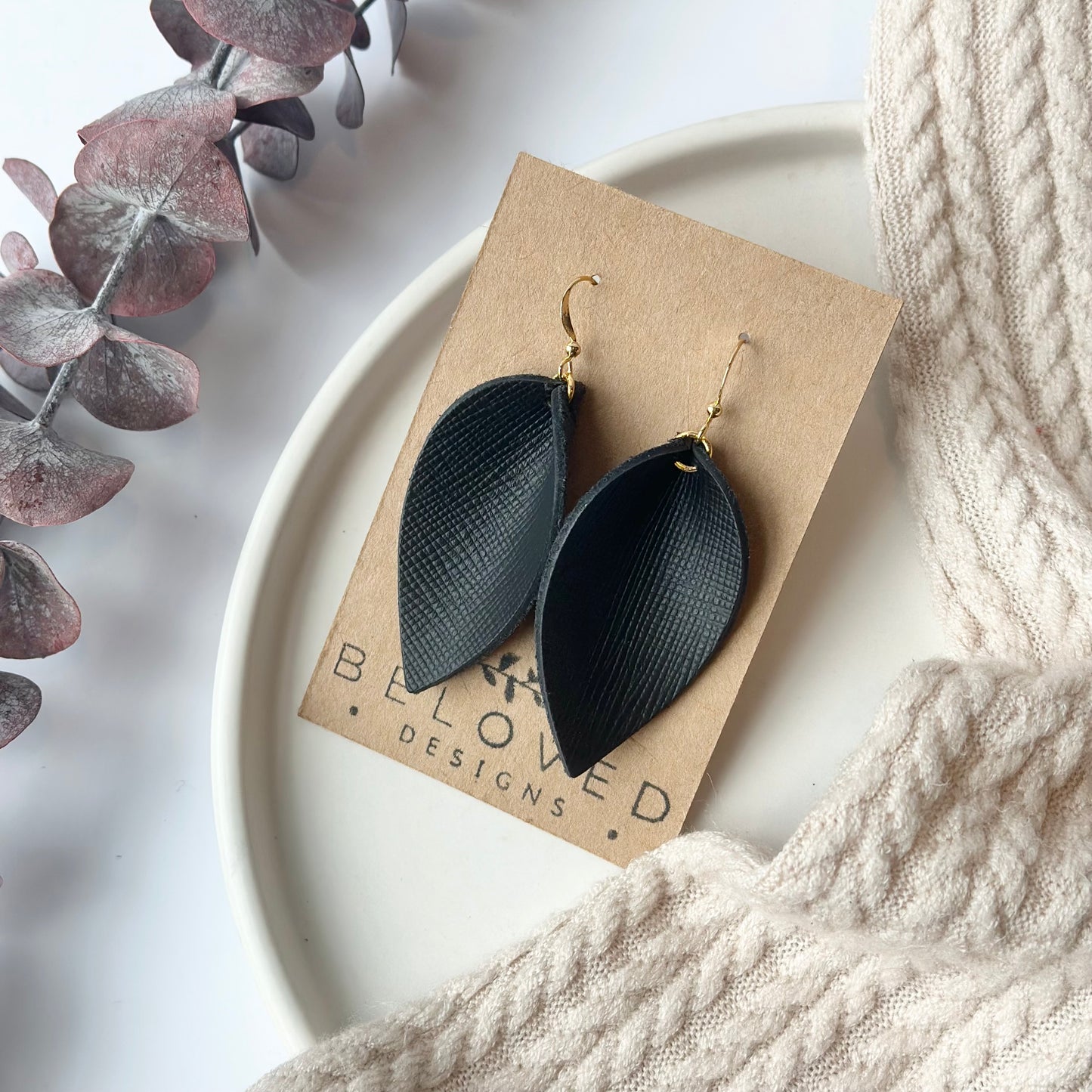 Black Textured Leather Folded Leaf Earrings - Large