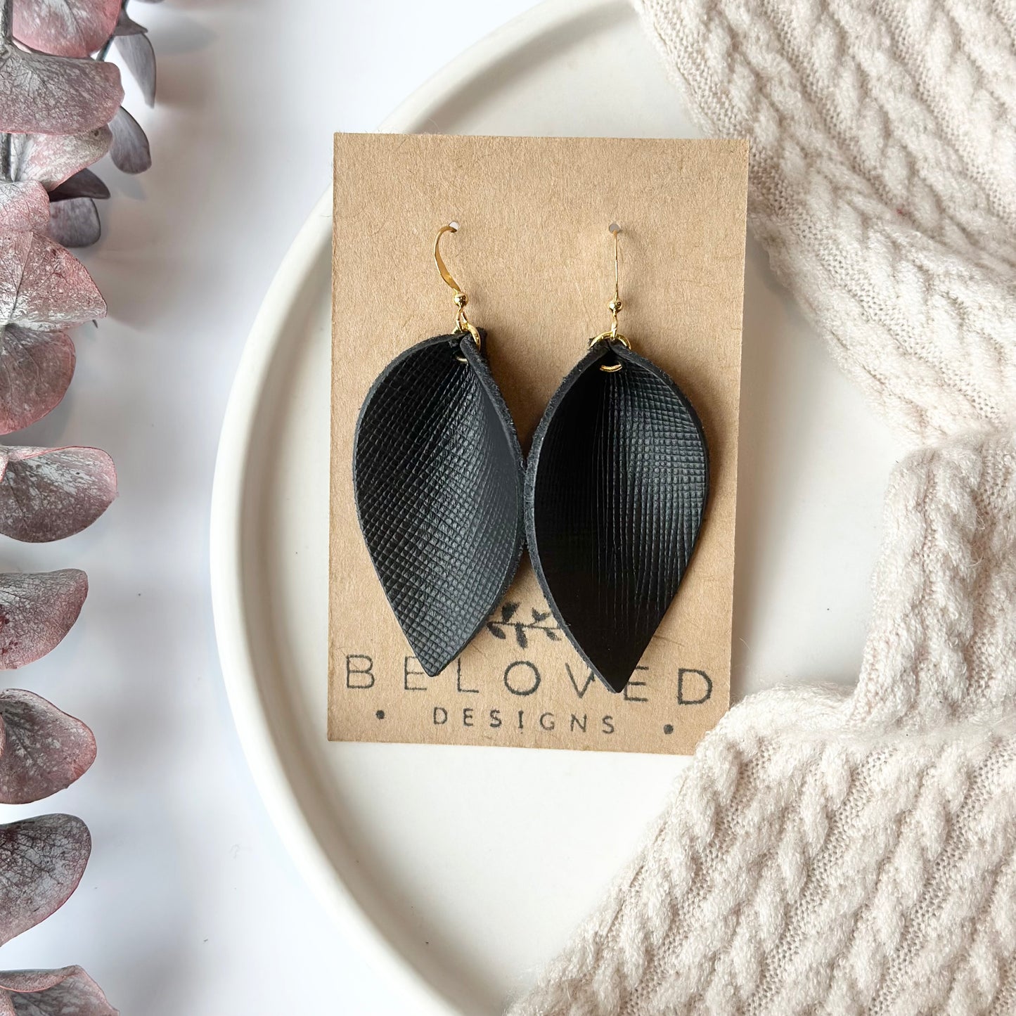 Black Textured Leather Folded Leaf Earrings - Large