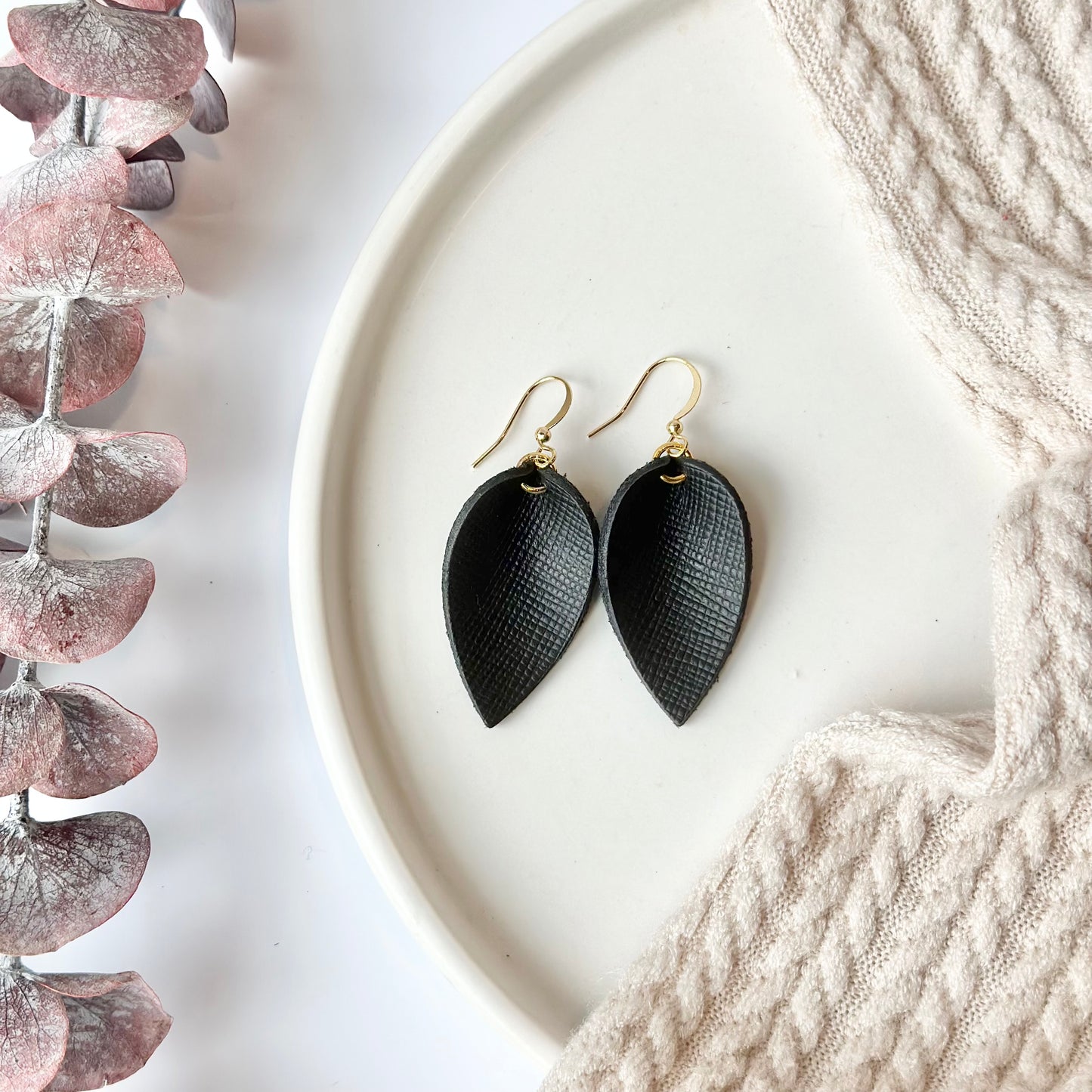 Black Textured Leather Folded Leaf Earrings - Small