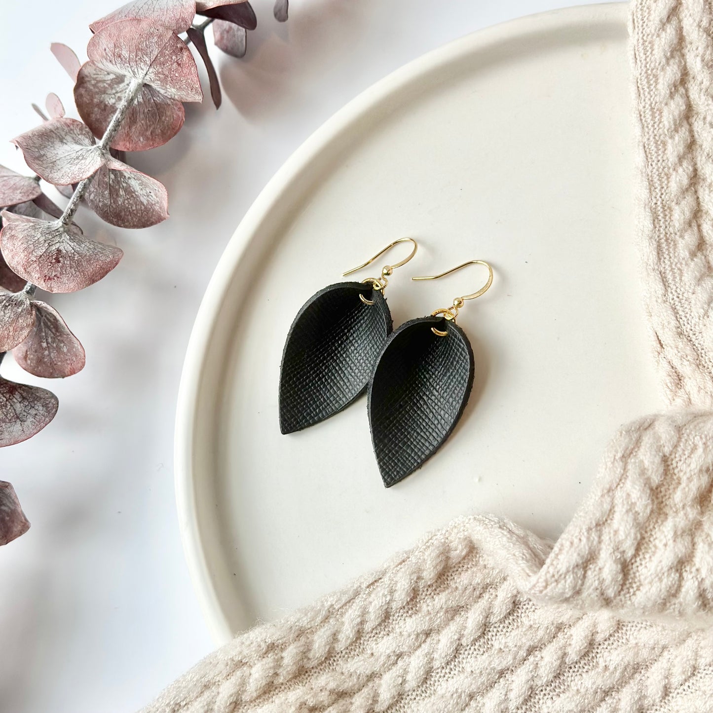 Black Textured Leather Folded Leaf Earrings - Small