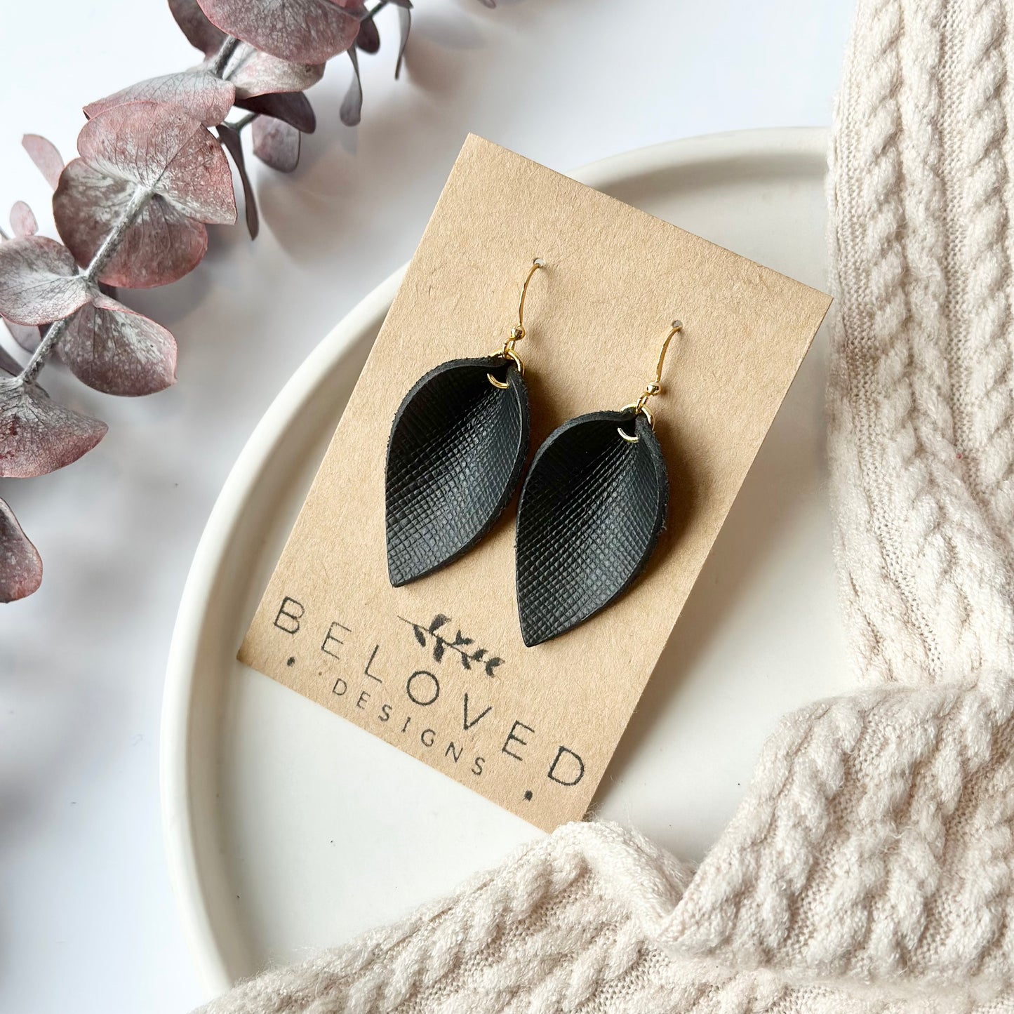 Black Textured Leather Folded Leaf Earrings - Small