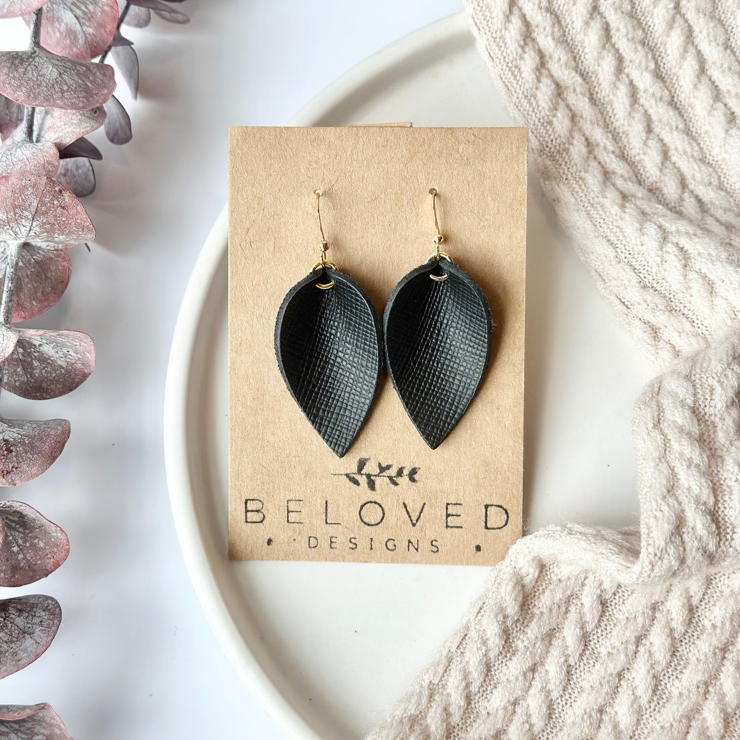 Black Textured Leather Folded Leaf Earrings - Small