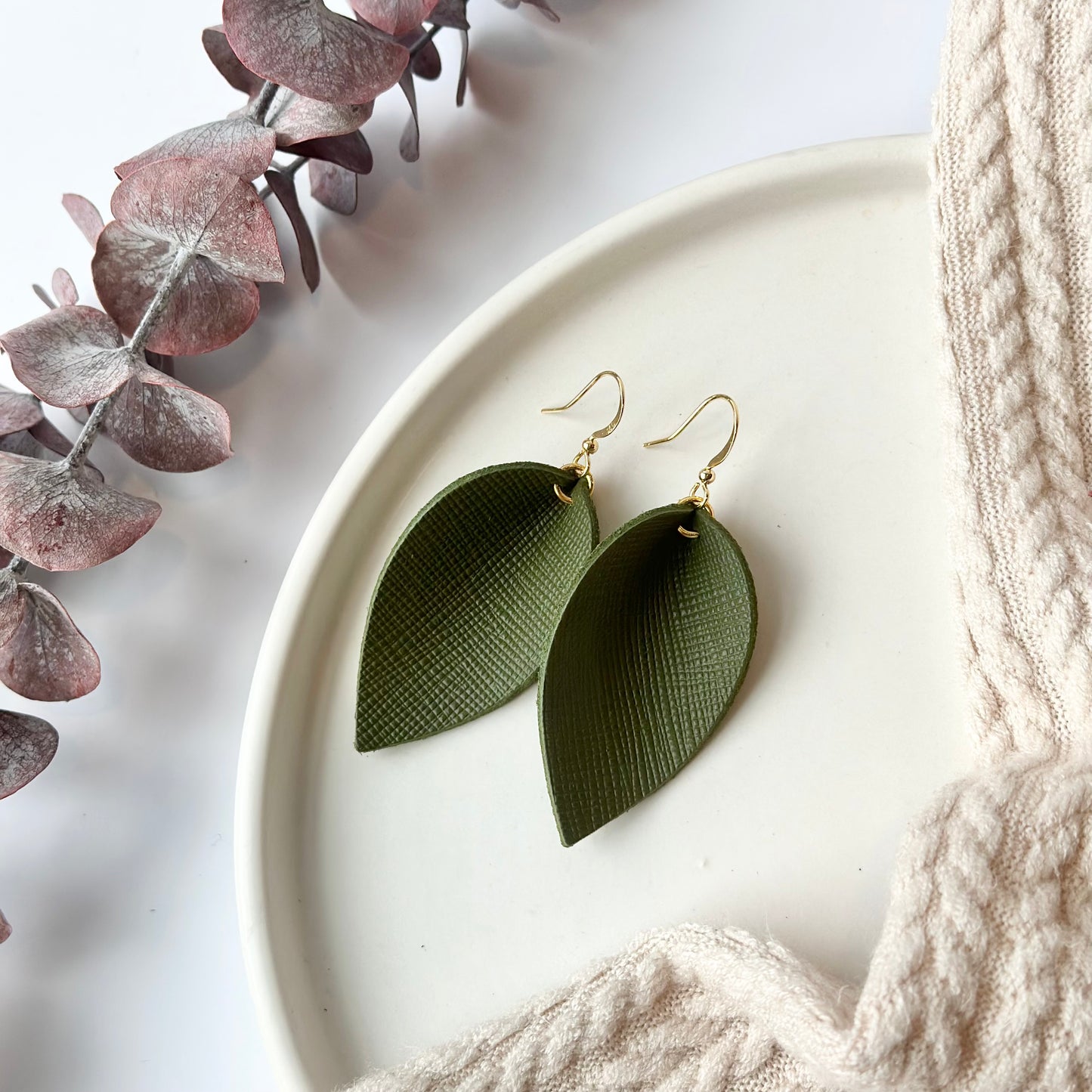 Olive Textured Leather Folded Leaf Earrings - Large