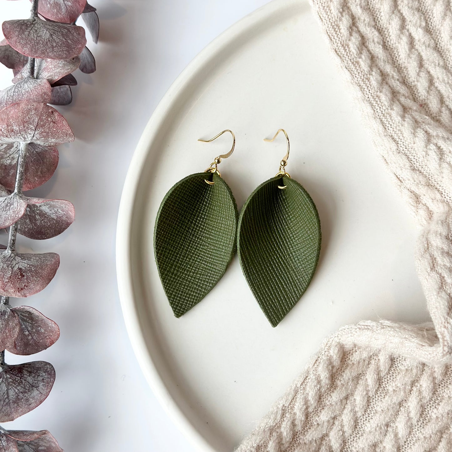 Olive Textured Leather Folded Leaf Earrings - Large