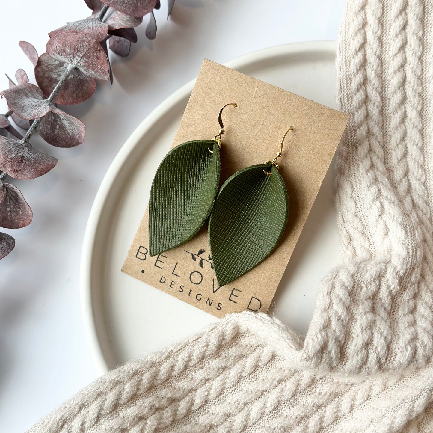 Olive Textured Leather Folded Leaf Earrings - Large