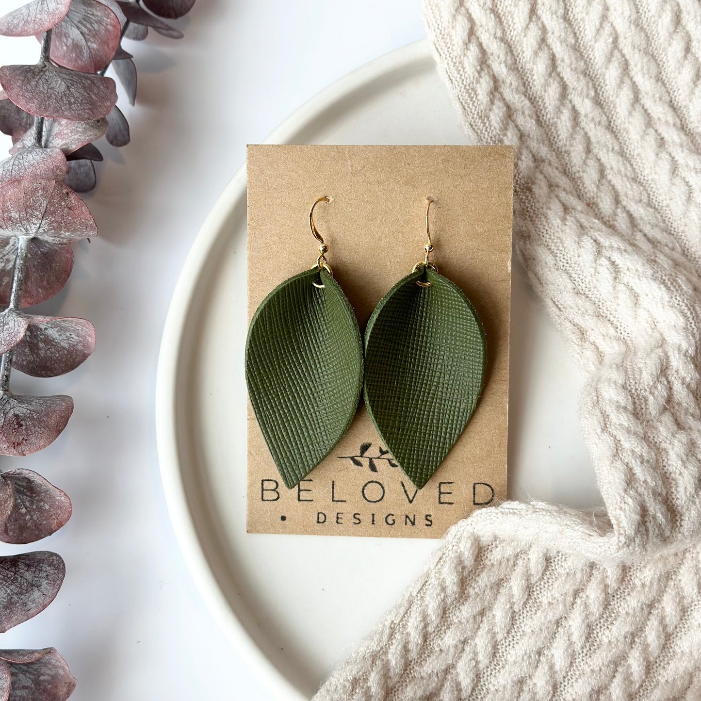 Olive Textured Leather Folded Leaf Earrings - Large