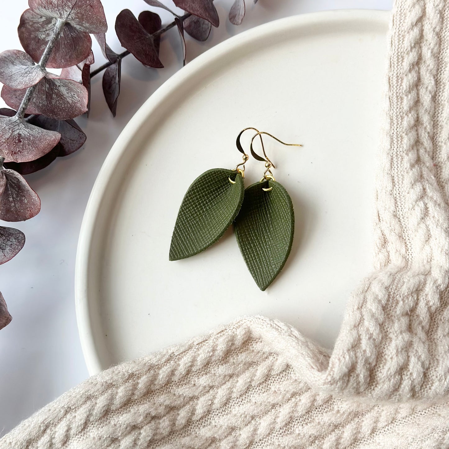 Olive Textured Leather Folded Leaf Earrings - Small