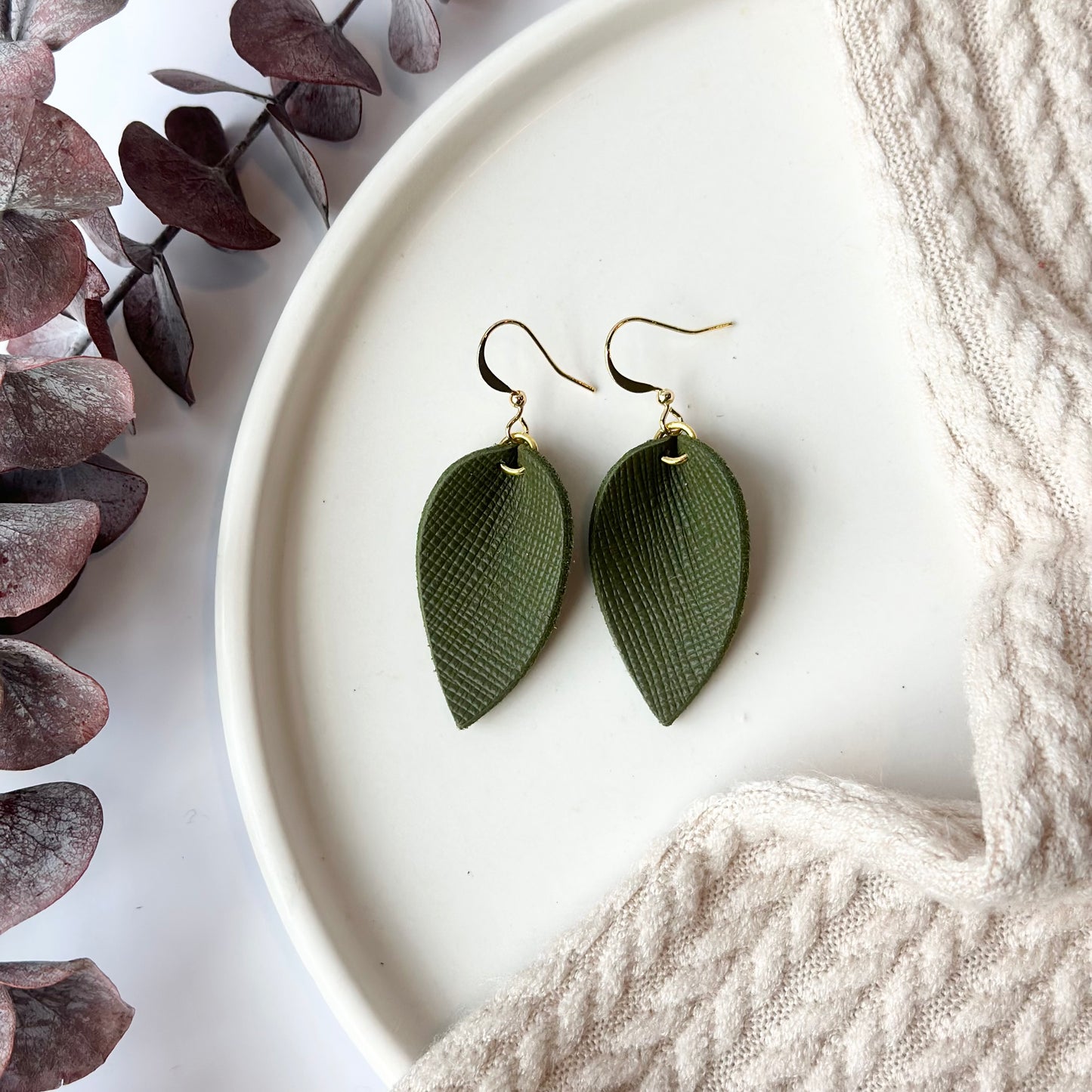 Olive Textured Leather Folded Leaf Earrings - Small