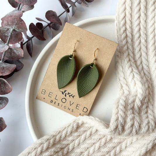 Olive Textured Leather Folded Leaf Earrings - Small