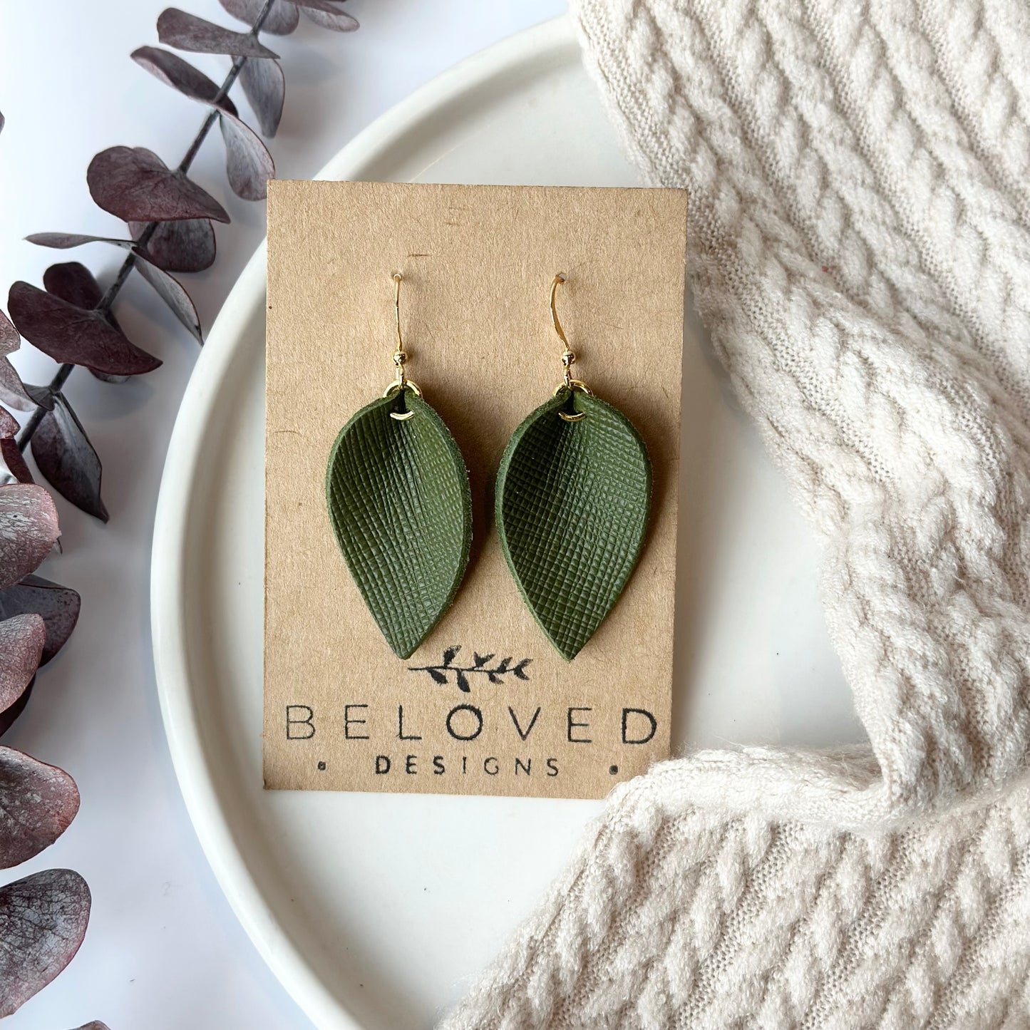 Olive Textured Leather Folded Leaf Earrings - Small