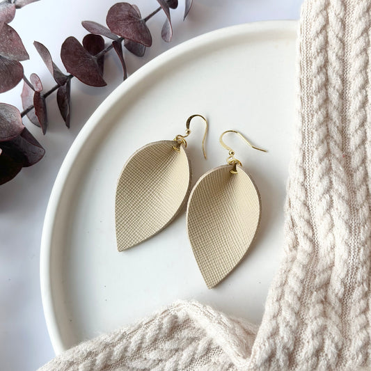 Beige Textured Leather Folded Leaf Earrings - Large