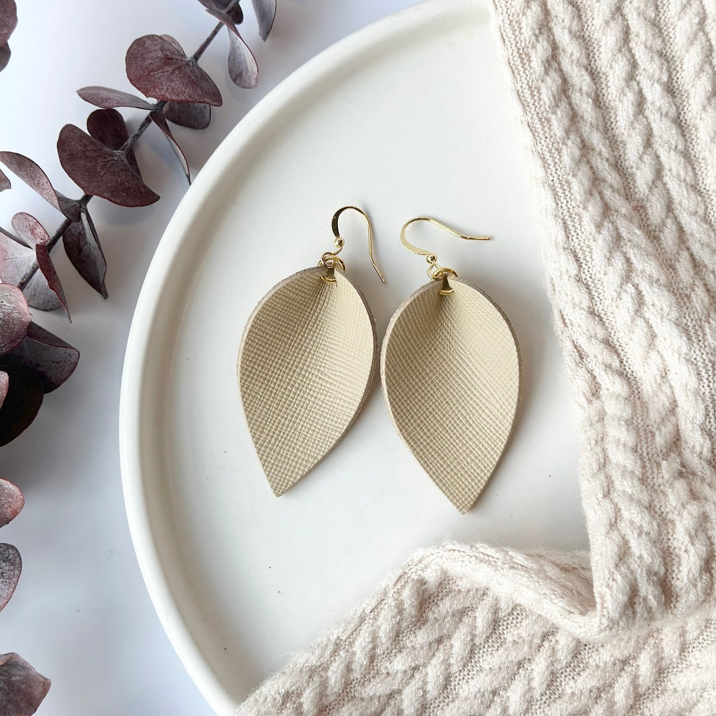 Beige Textured Leather Folded Leaf Earrings - Large