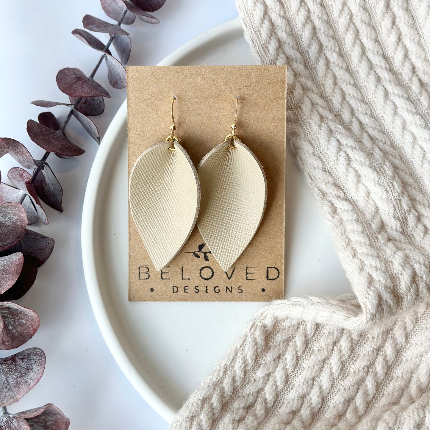 Beige Textured Leather Folded Leaf Earrings - Large