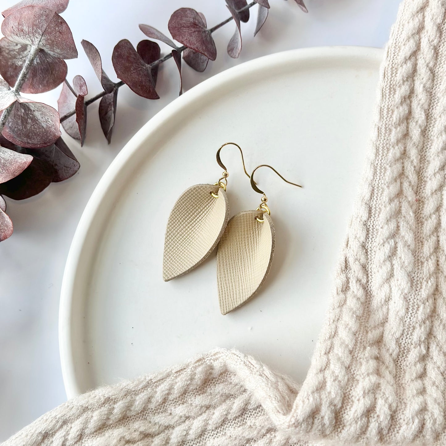 Beige Textured Leather Folded Leaf Earrings - Small