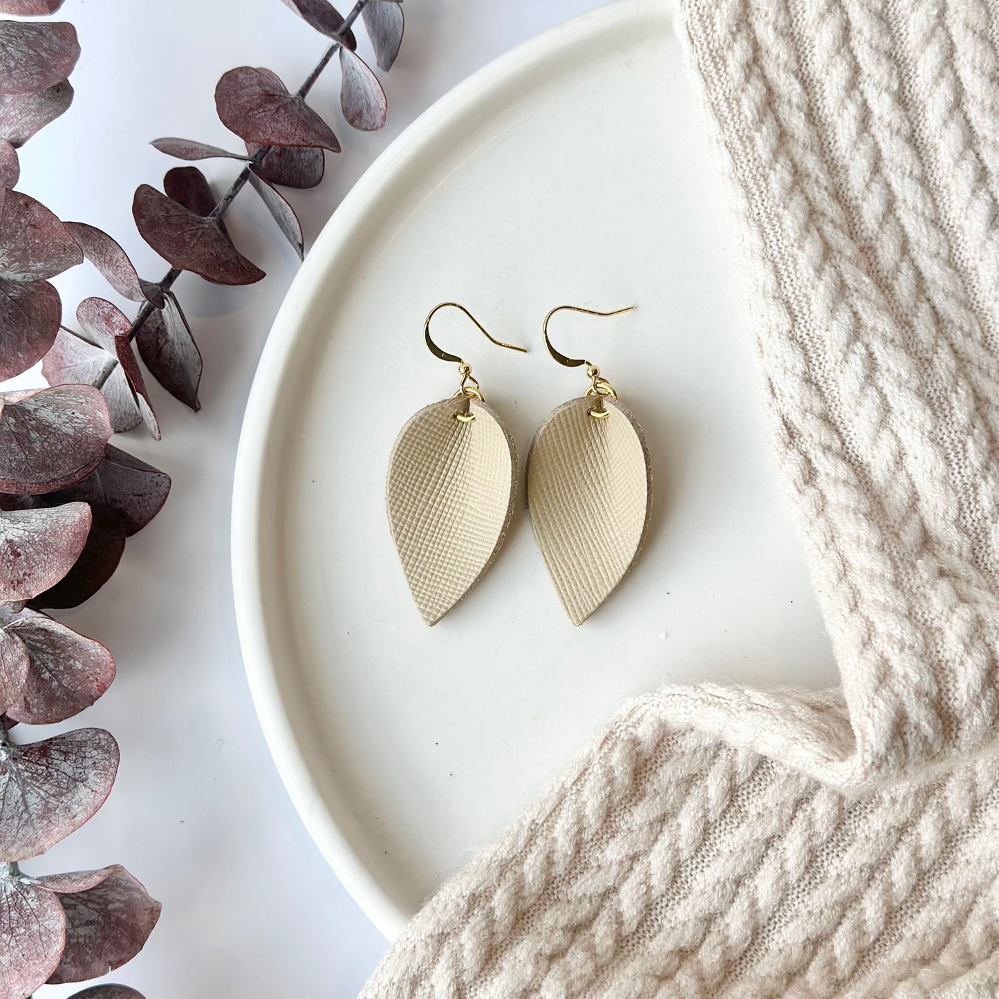 Beige Textured Leather Folded Leaf Earrings - Small