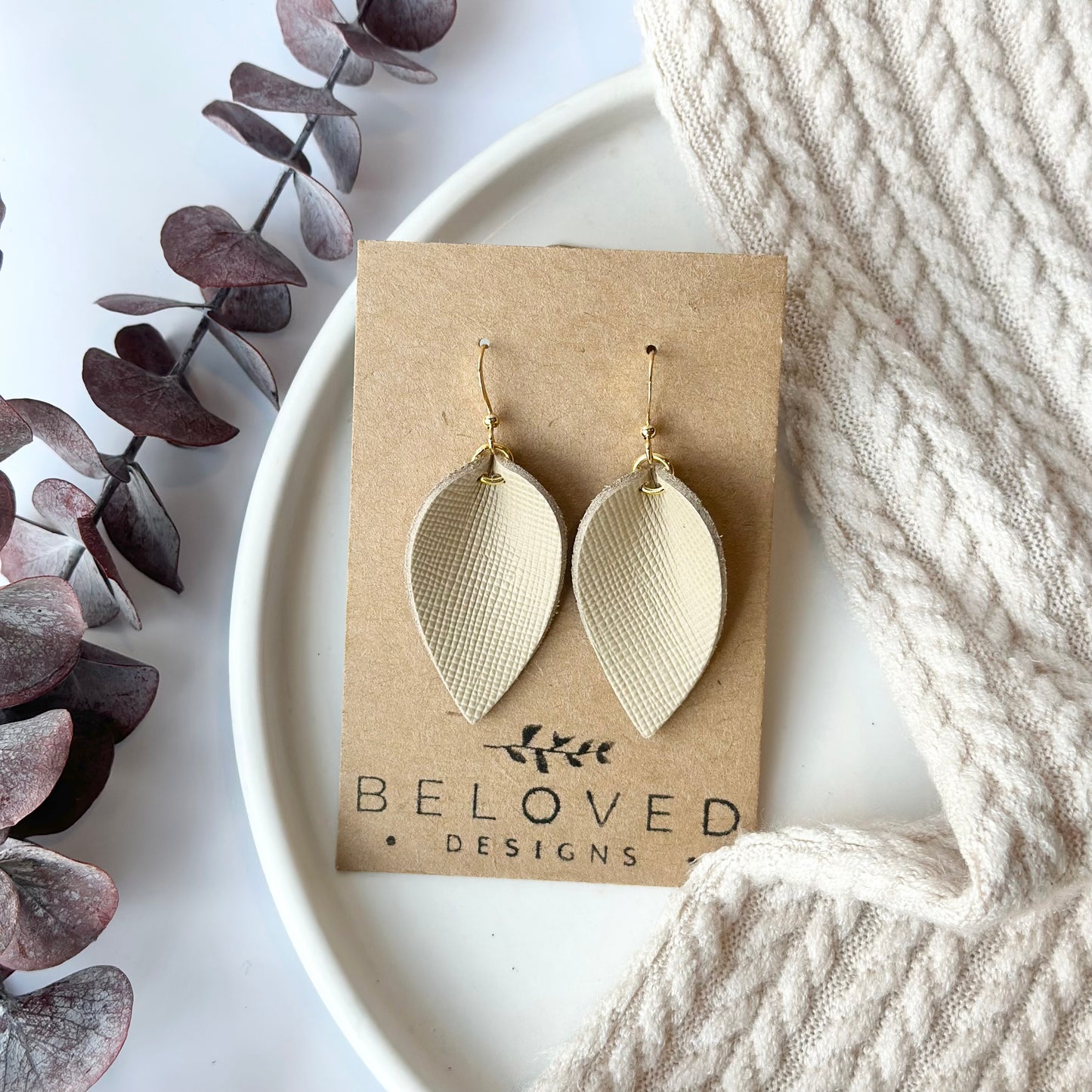 Beige Textured Leather Folded Leaf Earrings - Small