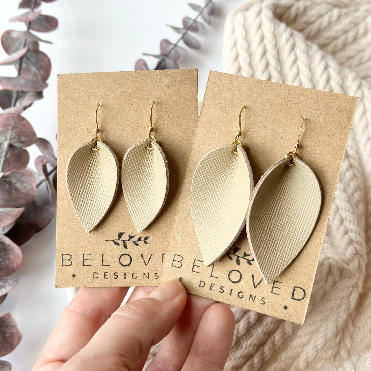 Beige Textured Leather Folded Leaf Earrings - Small