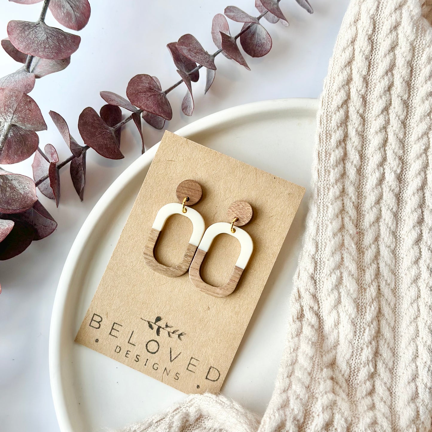 White Oval Resin + Wood Stud Earrings