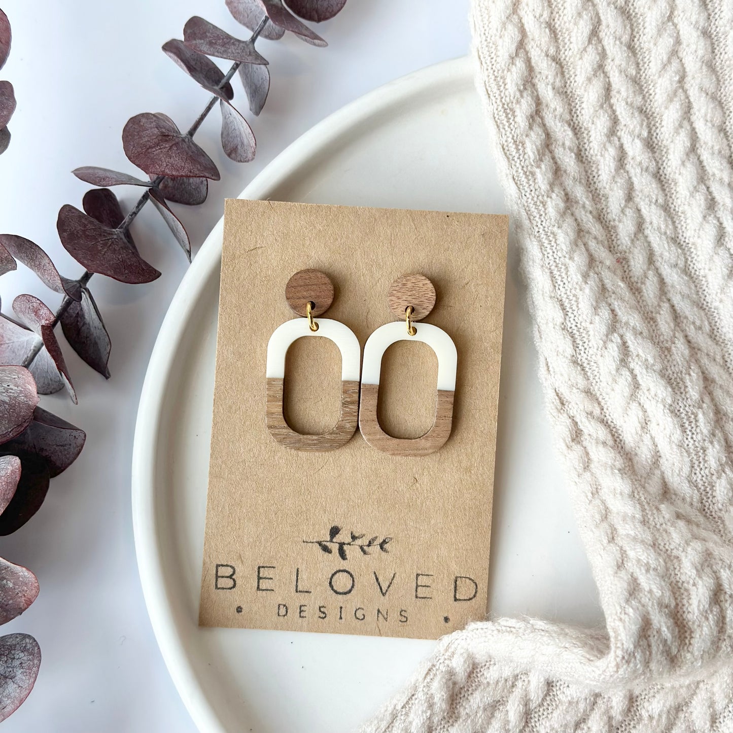 White Oval Resin + Wood Stud Earrings