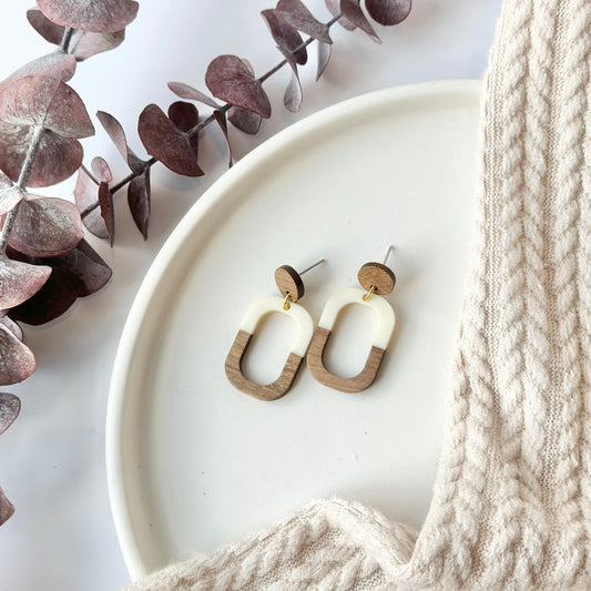 White Oval Resin + Wood Stud Earrings